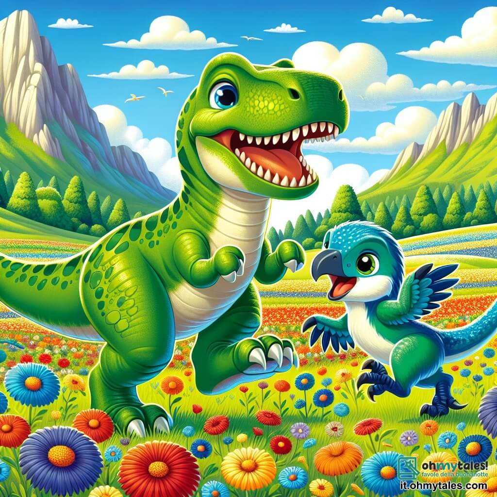 Un Tyrannosaurus Rex di nome Tito, con una pelle verde e scaglie brillanti, si trova al centro della scena, mostrando un grande sorriso gioioso, con gli occhi scintillanti di curiosità. Sta giocando in un prato colorato, circondato da fiori vivaci di tutti i colori, mentre salta allegramente. Accanto a lui, un Velociraptor di nome Rina, con piume blu e verdi scintillanti, corre con entusiasmo, le sue piccole zampe agili che frustano l'aria. Il paesaggio è un vasto prato soleggiato, punteggiato di fiori rossi, gialli e blu, con maestose montagne sullo sfondo e un cielo azzurro chiaro punteggiato di nuvole bianche. La scena principale mostra Tito e Rina che giocano insieme, ridendo e divertendosi, illustrando la gioia dell'amicizia in un mondo preistorico vibrante e colorato.