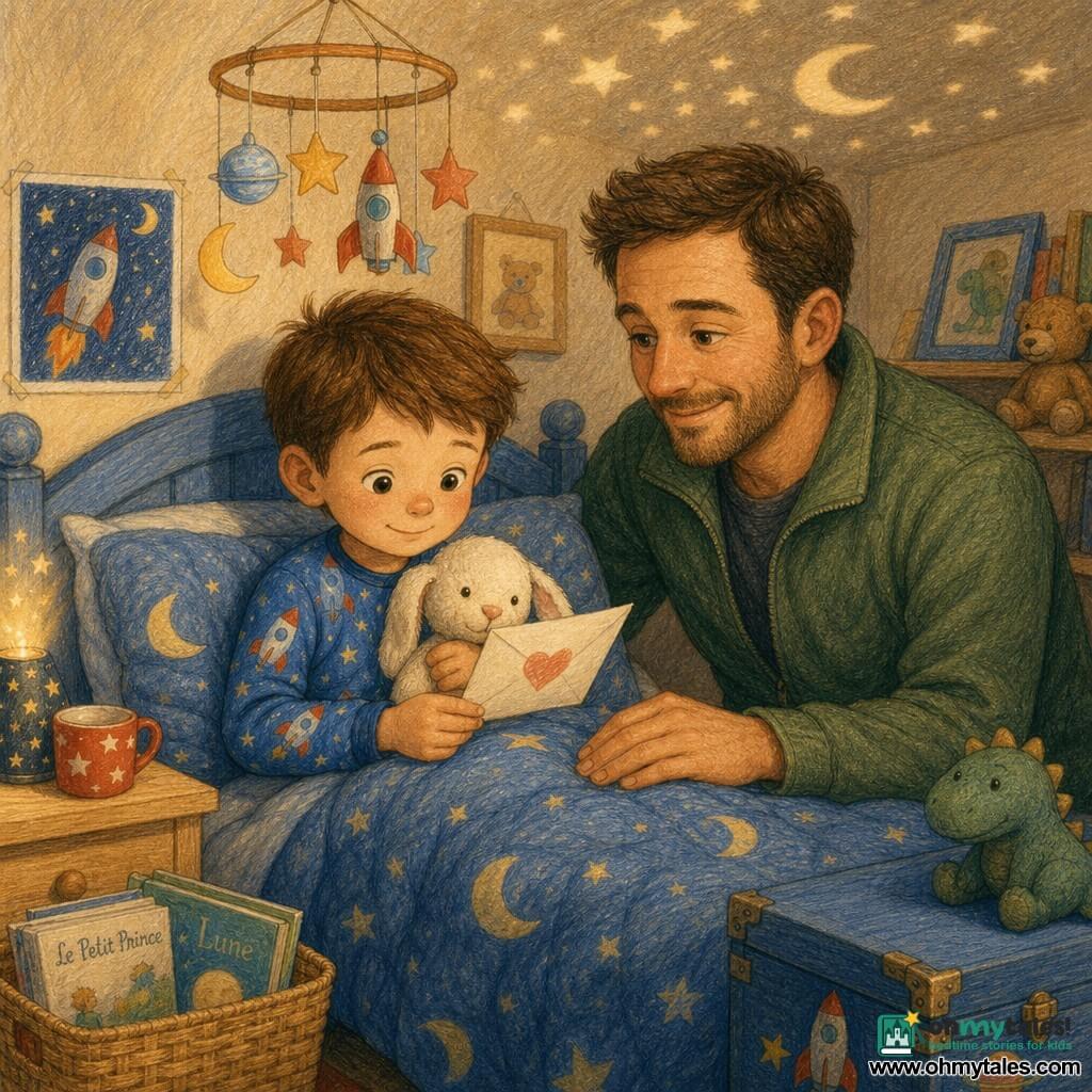 There are two characters: Leo, a 5-year-old boy in blue rocket pajamas with short brown hair, holding a white bunny comforter and reading a small envelope with a heart, seated center on the bed under the covers; and his 35-year-old father with short chestnut hair, light beard and a green jacket, sitting on the right edge of the bed with one hand on the blanket, smiling gently at Leo. The cozy child's bedroom has cream walls, a nightlight projecting soft stars, a light-wood nightstand with a red star mug, a book basket and a blue toy chest, a blue moon blanket and a paper mobile above the bed. The scene is a calm, intimate bedtime moment as Leo discovers a letter from his mother while his father listens and keeps him company; warm light, visible pencil textures and soft, comforting expressions emphasize security and tenderness.