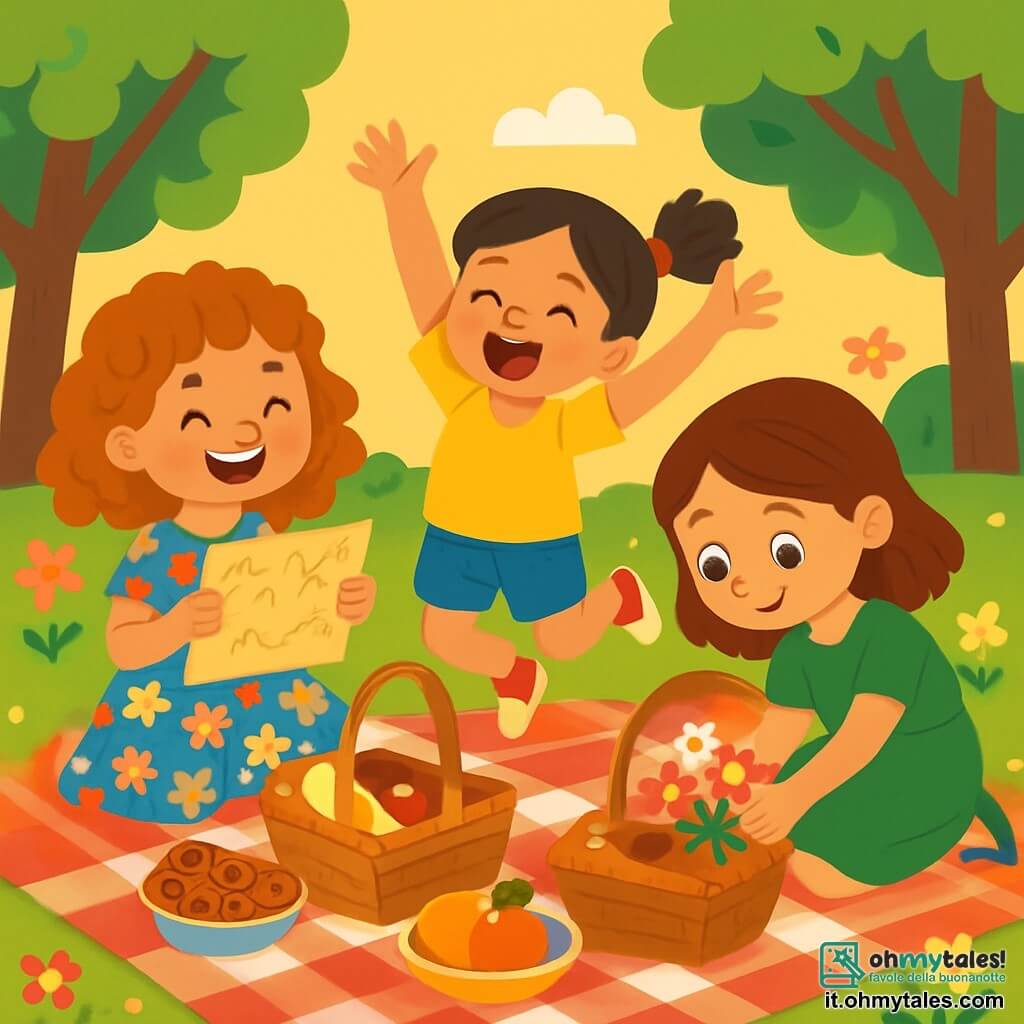Ci sono 3 personaggi: - Sofia: una ragazza di 7 anni con capelli ricci color caramello, che indossa un vestito a fiori colorati. Sorride felicemente, tenendo una mappa del tesoro tra le mani. - Martina: una ragazza di 6 anni con guance rosa e capelli lisci, raccolti in due codini. Indossa una maglietta gialla e un pantaloncino di jeans, saltando di gioia con le braccia alzate. - Giulia: una ragazza di 7 anni con capelli castani e occhi scintillanti. Indossa un vestito verde e si piega per raccogliere un bel mazzo di fiori selvatici. Le tre amiche sono sedute su una grande coperta a quadri rossi e bianchi, in un parco soleggiato, circondate da alti alberi con foglie verdi e fiori colorati che danzano nel vento. La situazione principale mostra le ragazze che preparano un picnic a sorpresa per le loro mamme, con cestini pieni di deliziose prelibatezze, biscotti al cioccolato e frutta fresca, ridendo e divertendosi insieme.