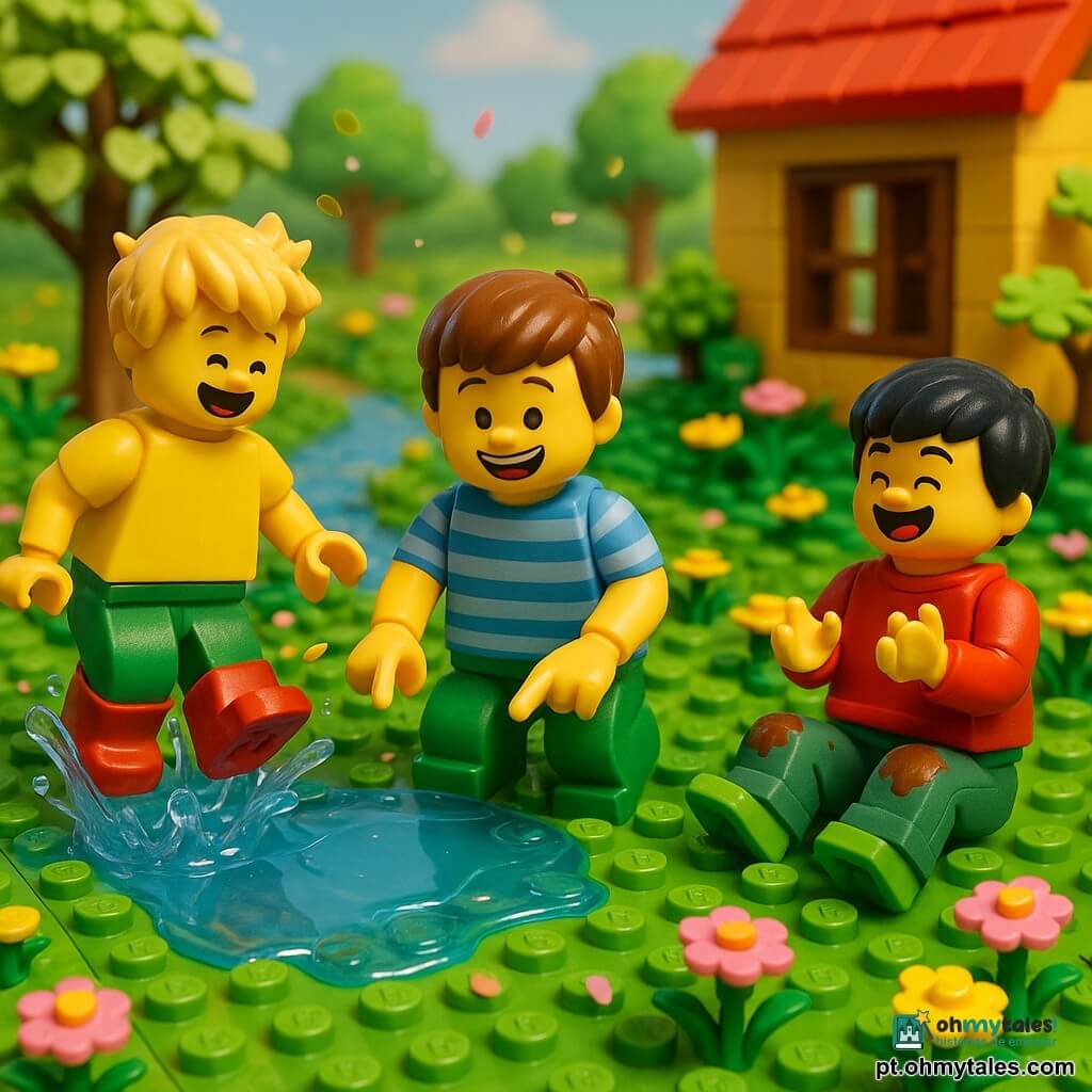 Três meninos de 6 anos: Tomás — cabelo castanho curto, sorriso largo, camisa listrada azul e calça verde, agachado no centro diante de uma grande poça, apontando para a água; Lucas — cabelo loiro desgrenhado, camiseta amarela e botas vermelhas, à esquerda, saltando na poça com respingos; Pedro — cabelo preto liso, moletom vermelho, joelhos cobertos de lama, sentado à direita na relva, rindo e batendo palmas. Cena num jardim campestre em LEGO com relva verde viva, árvores de folhas verde-claras, flores amarelas e rosas, um ribeiro azul translúcido e, ao fundo, uma casa com telhado vermelho e janela aberta. Situação: os três brincam sob um sol suave de primavera; grande poça brilhante ao centro com respingos em peças translúcidas, pétalas e pequenas folhas ao redor, atmosfera alegre e colorida, foco no ato de pular e rir.
