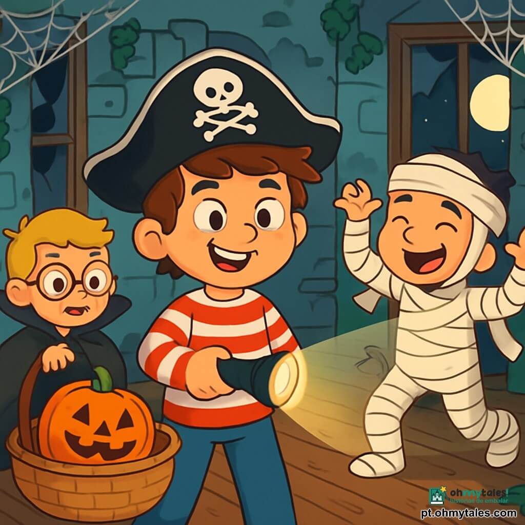 Há 3 personagens: - Lucas: um garoto de 10 anos, com cabelo castanho bagunçado, usando um chapéu de pirata preto e uma camisa listrada vermelha e branca. Ele está no centro, sorrindo, com uma expressão travessa. - Pedro: um garoto de 9 anos, com cabelo loiro e óculos redondos, vestido de vampiro com uma capa preta e dentes afiados. Ele está um pouco recuado à esquerda, olhando curiosamente ao redor. - João: um garoto de 8 anos, com cabelo preto e um grande lenço que faz de faixa, vestido de múmia com faixas brancas. Ele está à direita, rindo e fazendo gestos engraçados. O local é uma velha casa abandonada, com paredes de pedra cinza cobertas de hera verde. As janelas estão quebradas, deixando passar a luz da lua cheia que ilumina o chão de madeira rachada. Teias de aranha pendem dos cantos, e uma cesta de abóboras sorridentes está em frente à porta. A cena principal mostra os três amigos explorando a casa, com Lucas segurando uma lanterna, iluminando as sombras misteriosas ao redor. Pedro observa curiosamente uma cesta de abóboras, enquanto João, divertido, imita um fantasma levantando os braços.