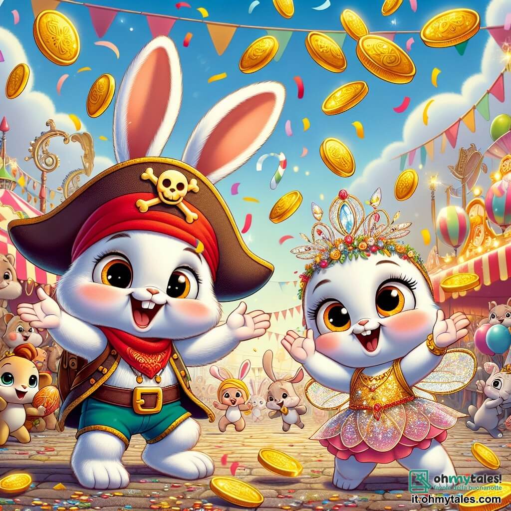 Un adorabile coniglietto bianco di nome Bobo, con grandi orecchie e un sorriso radioso, è al centro dell'immagine, lanciando coriandoli dorati in aria con entusiasmo. Indossa un costume da pirata colorato, con una bandana rossa e una spada di legno, mostrando un'espressione di gioia ed eccitazione. Accanto a lui, la sua migliore amica, Gina la tartaruga, è vestita con un abito da fata scintillante, con ali delicate e un sorriso incantato. Applaude e danza, con gli occhi brillanti di felicità, mentre si tiene vicino a Bobo. Il decor è una piazza animata del carnevale, piena di palloncini colorati che fluttuano nel cielo, stand di dolciumi e luci scintillanti. Animali di ogni tipo ballano e si divertono intorno a loro, creando un'atmosfera festosa e gioiosa. La scena principale mostra Bobo e Gina che celebrano la loro scoperta dei coriandoli magici, mentre i confetti dorati volano intorno a loro, aggiungendo un tocco di magia a questa giornata indimenticabile.