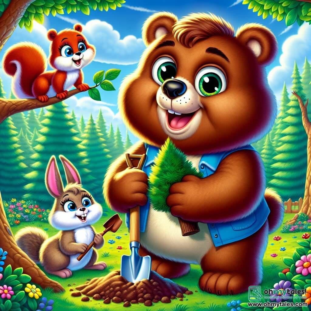 Benny, a fluffy brown bear with big curious eyes and a wide joyful smile, stands at the center of the scene holding a small wooden shovel, ready to plant a young tree. Next to him, Ellie, a mischievous squirrel with red fur and a bushy tail, climbs a branch, looking at Benny with excitement, her eyes sparkling with joy. Lenny, a rabbit with large white ears and soft fur, sits on the ground digging a hole with his front paws, showing a focused and determined expression. In the background, the forest is lush with majestic green trees, colorful flowers, and a bright blue sky. The scene depicts Benny and his friends planting trees to protect their forest, surrounded by a joyful and lively atmosphere.
