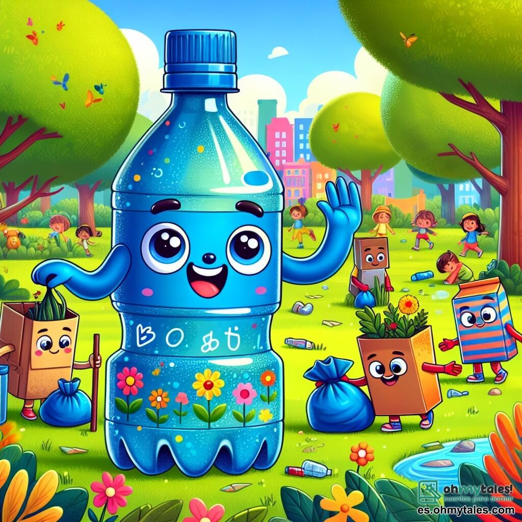 Boti, una botella de plástico azul brillante, sonriente y decidida, se encuentra en el centro del parque, levantando una mano para animar a los niños a unirse. Sus ojos brillan de entusiasmo y su cuerpo está decorado con pequeños dibujos de flores y animales. Junto a ella, Carty, una caja de cartón marrón, recoge basura con una gran sonrisa, sus brazos abiertos y llenos de alegría. Gigi, una bonita maceta de vidrio transparente, brilla bajo el sol, sosteniendo flores coloridas que acaba de plantar, mostrando una expresión de orgullo. Tilly, un bolso de tela rayada, está agachada, lista para recoger basura, con una mirada concentrada y decidida. El parque es verde, lleno de árboles con hojas brillantes, flores multicolores y un césped bien cuidado. Niños alegres, riendo y jugando a su alrededor, añaden vida a la escena. La situación principal muestra a Boti y sus amigos en acción, recogiendo basura y concienciando a los niños sobre la importancia de preservar la naturaleza, con sonrisas radiantes y una atmósfera de camaradería y compromiso con la ecología.