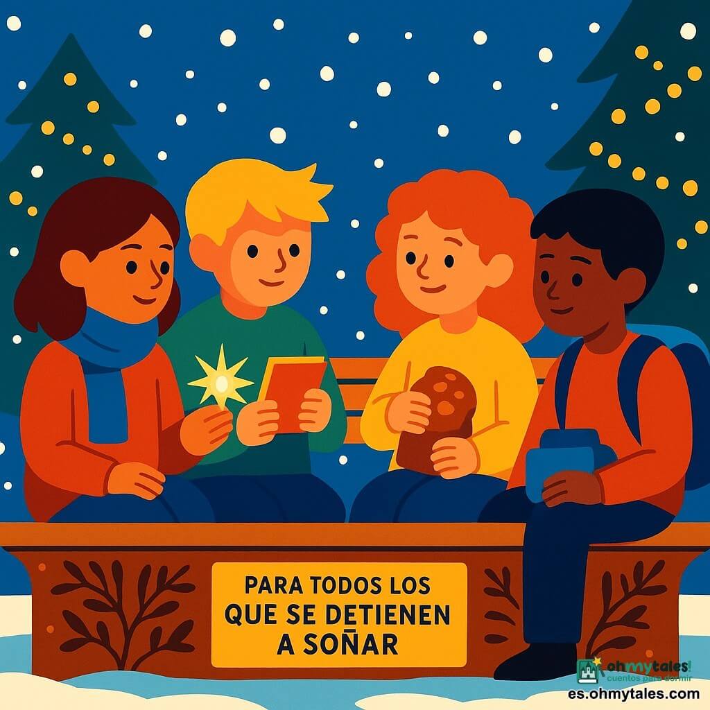 Hay 4 niños: - Clara, una niña de 10 años, tiene el cabello castaño y lleva una bufanda azul. Sostiene una pequeña luz brillante en su mano. - Mateo, un niño de 10 años, tiene el cabello rubio despeinado y sostiene un pequeño cuaderno de mapas. - Sofía, una niña de 10 años, tiene el cabello rojo rizado y sostiene una bolsa de galletas. - Álvaro, un niño de 10 años, tiene el cabello negro corto y lleva una mochila llena de libros. Están sentados juntos en un banco de madera tallada, en el centro de una plaza nevada. A su alrededor, los copos de nieve caen suavemente y luces navideñas brillan en los árboles cercanos. El banco está decorado con motivos de ramas y hojas, y una placa indica "Para todos los que se detienen a soñar". La situación principal muestra a los niños formando un círculo alrededor del banco, sus rostros iluminados por la luz suave y cálida de la pequeña luz que Clara sostiene. El ambiente es alegre y mágico, con colores vivos y contrastantes que capturan el espíritu de la Navidad.