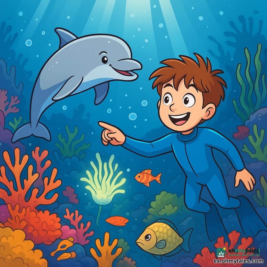 Un niño de 10 años, llamado Constant, con cabello castaño desordenado y ojos brillantes de curiosidad, nada alegremente bajo el agua, vestido con un traje de buceo azul. Su rostro expresa una emoción palpable, con una amplia sonrisa que revela su entusiasmo por la aventura. A su lado, un delfín llamado Dario, con piel suave y plateada, nada con agilidad, mostrando una expresión amistosa y traviesa. Dario parece animar a Constant, guiándolo a través del mundo submarino. El escenario es un hermoso arrecife de coral, lleno de corales coloridos en forma de flores, peces tropicales de colores vivos y algas ondulantes que bailan al ritmo de las corrientes marinas. Rayos de luz filtran a través del agua, creando un espectáculo centelleante a su alrededor. La situación principal muestra a Constant, maravillado, descubriendo una planta luminosa que flota cerca de un hermoso coral, mientras un gran pez guardián, con escamas brillantes, se encuentra cerca, listo para plantear un desafío.