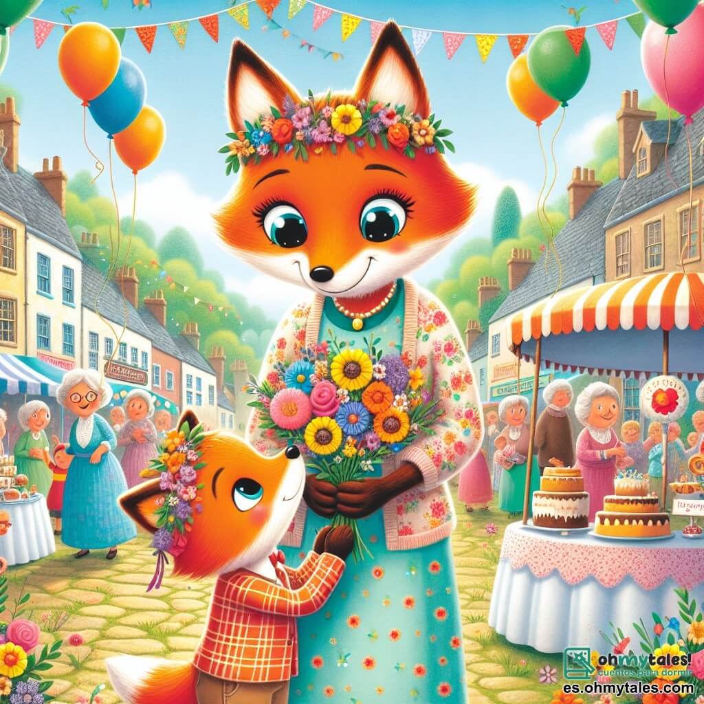 Un pequeño zorro llamado Rufus, con un pelaje naranja brillante y una cola esponjosa, sonríe alegremente sosteniendo un ramo de flores silvestres con sus patas. Sus ojos brillantes expresan emoción y amor, mientras se encuentra frente a su mamá, la dulce Madame Zorra, que lleva un bonito pañuelo floral y una cálida sonrisa. Ella está emocionada y mira a su hijo con ternura, sus ojos brillando de felicidad. La escena tiene lugar en una encantadora plaza del pueblo, decorada con globos de colores y guirnaldas de flores, donde mamás e hijos se divierten juntos. A lo lejos, hay puestos de pasteles y juegos, llenando el aire de risas y dulzura. Rufus y su mamá están en el centro de esta alegre fiesta, rodeados de otras familias, compartiendo un momento de felicidad y amor por el Día de la Madre.