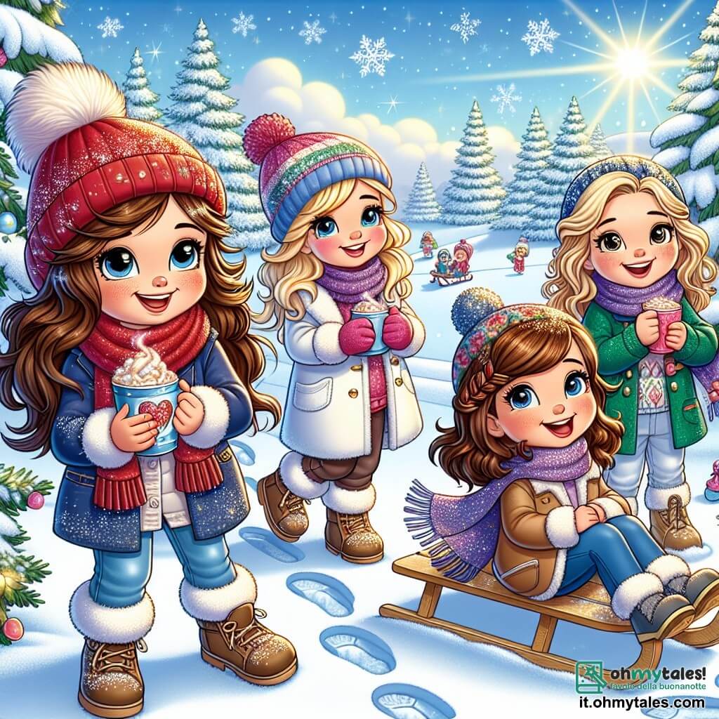 Quattro ragazze felici di otto anni si trovano in un parco innevato. Sofia, con lunghi capelli castani e un berretto rosso, sorride tenendo una tazza di cioccolata calda. Alla sua destra, Emma, con capelli biondi e ricci, guarda con meraviglia delle impronte scintillanti nella neve. Clara, con una piccola treccia e un cappotto blu, si appoggia alla sua slitta, pronta a scivolare. Infine, Giulia, con capelli castani e una sciarpa colorata, ride lanciando una palla di neve verso le sue amiche. Il parco è un paesaggio incantato, coperto da uno spesso strato di neve brillante, con alberi maestosi carichi di fiocchi. Il cielo è di un blu splendente, punteggiato di nuvole bianche e soffici, e il sole brilla dolcemente, illuminando la scena con una luce dorata. Le ragazze scoprono impronte magiche nella neve, chiedendosi se possano appartenere alla leggendaria Dama di Neve, e si preparano a esplorare il misterioso boschetto che le circonda, piene di eccitazione e curiosità.