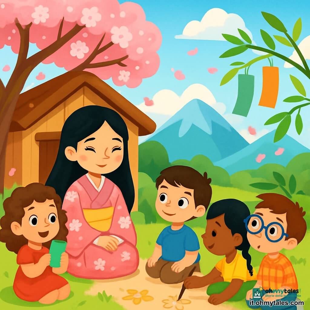 Una giovane donna di nome Hana, con lunghi capelli neri come l'ebano e occhi brillanti come stelle, è seduta davanti alla sua piccola casa di legno. Indossa un kimono tradizionale con motivi di fiori di ciliegio, e il suo viso esprime una dolce serenità, un sorriso rassicurante illumina il suo sguardo. Accanto a lei, un gruppo di quattro bambini, di età compresa tra i 7 e i 10 anni, è seduto in cerchio. Una ragazza con capelli ricci, vestita con un abito rosso, tiene un piccolo pezzo di carta colorata tra le mani, gli occhi brillanti di eccitazione. Un ragazzo dai capelli corti e castani, con una maglietta blu, guarda attentamente Hana, curioso. Un'altra ragazza, con trecce e una gonna verde, disegna fiori sul terreno con un bastone. Infine, un ragazzo con occhiali tondi, vestito con una camicia a quadri, osserva il vento far danzare i petali di ciliegio, affascinato. La scena si svolge in una valle verdeggiante, circondata da maestose montagne, dove i ciliegi in fiore creano una nuvola rosa sopra la casa. Il cielo è di un blu splendente, punteggiato di alcune nuvole bianche e soffici. Hana spiega ai bambini come scrivere i loro desideri su pezzi di carta colorata e appenderli ai rami di bambù, aspettando che il vento li porti via. I bambini, catturati dalle sue parole, sono impazienti di scoprire la magia della pazienza e dell'attesa.