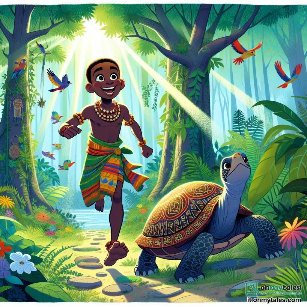 Kofi, un giovane africano di circa 20 anni, ha occhi brillanti e un ampio sorriso che esprime il suo entusiasmo. Indossa un pagne colorato con motivi tradizionali e una collana di perle. Kofi cammina con determinazione in una foresta lussureggiante, circondato da alberi maestosi con foglie verdi brillanti, mentre uccelli colorati volano intorno a lui. Vicino a lui, una tartaruga maestosa di almeno 100 anni, con un grande guscio decorato con simboli antichi, si muove lentamente sul terreno, guardando Kofi con saggezza. Il luogo è una foresta densa, dove la luce del sole filtra attraverso il fogliame, creando ombre danzanti sul terreno coperto di fiori selvatici e felci. La situazione principale mostra Kofi, determinato e gioioso, che intraprende il cammino della sua avventura, pronto a scoprire il mistero del Lago delle Stelle, mentre la tartaruga, simbolo di saggezza, lo osserva con benevolenza, pronta a offrirgli consigli preziosi.