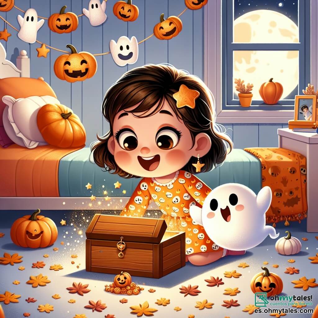 Una niña de 4 años, Lila, con grandes ojos brillantes y una sonrisa maravillada, lleva un vestido naranja con motivos de calabazas. Está agachada, tocando una caja misteriosa debajo de su cama, rodeada de hojas de caramelo que brillan. A su lado, un pequeño fantasma llamado Nube, todo blanco y suave, flota alegremente, con una cara sonriente y los brazos abiertos, listo para jugar. La escena transcurre en la habitación de Lila, decorada con guirnaldas de fantasmas de papel y calabazas de plástico, con una ventana que muestra la luna llena y estrellas brillantes. Lila descubre la caja mágica que se abre sola, dejando escapar chispas de polvo de estrellas, creando una atmósfera encantada y alegre.