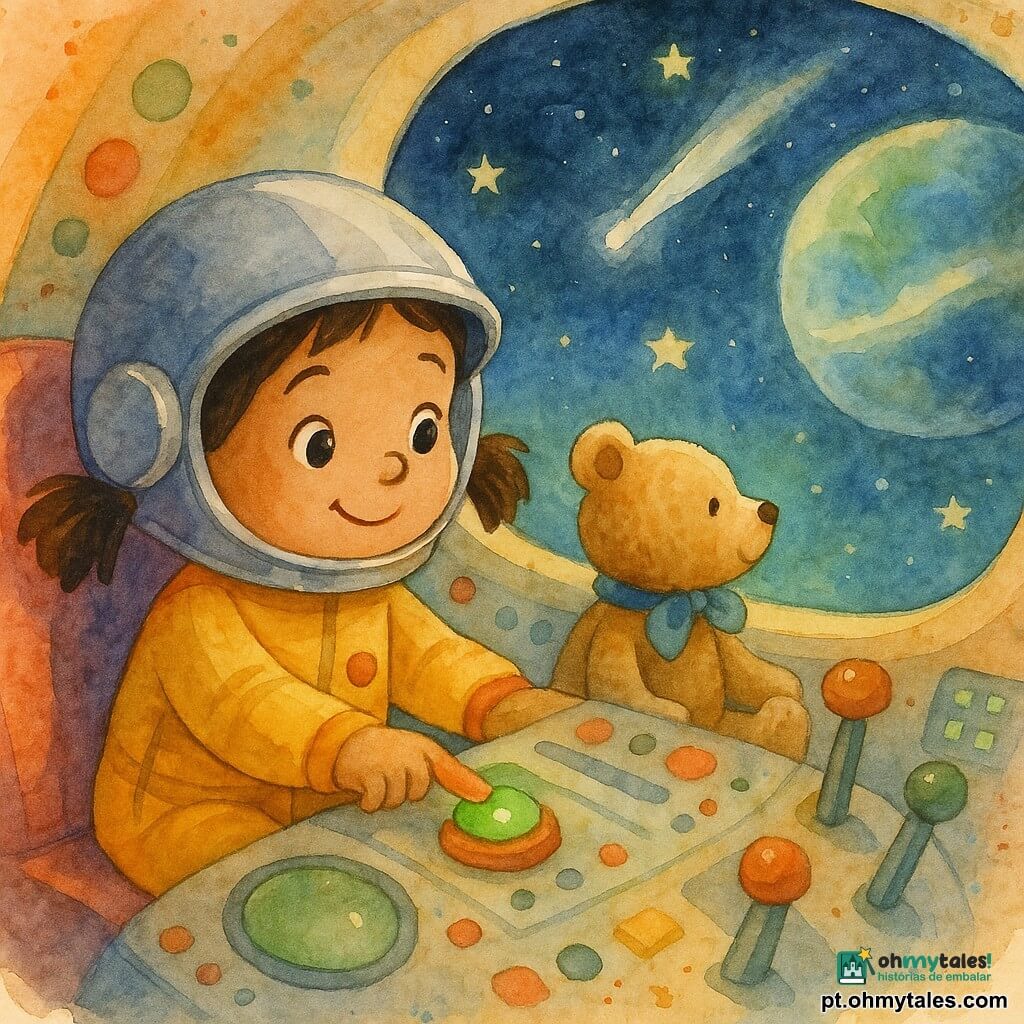 Luna é uma menina alegre, rosto redondo e olhos brilhantes, cabelos castanhos em rabo de cavalo, usa um capacete prateado e uma roupa espacial amarela com botões vermelhos; sentada no cockpit, pressiona um botão vermelho com um pequeno sorriso concentrado; um ursinho de pelúcia marrom claro com laço azul está ao lado olhando pela grande cúpula oval para um céu noturno estrelado, um grande planeta azul-esverdeado com nuvens brancas e um cometa brilhante riscando o espaço; o interior é colorido com painéis redondos, alavancas vermelhas e verdes, telas luminosas e almofadas macias, halos como aquarela; cena simples e acolhedora de uma pequena piloto corajosa admirando o espaço enquanto aciona um botão que se acende em verde.