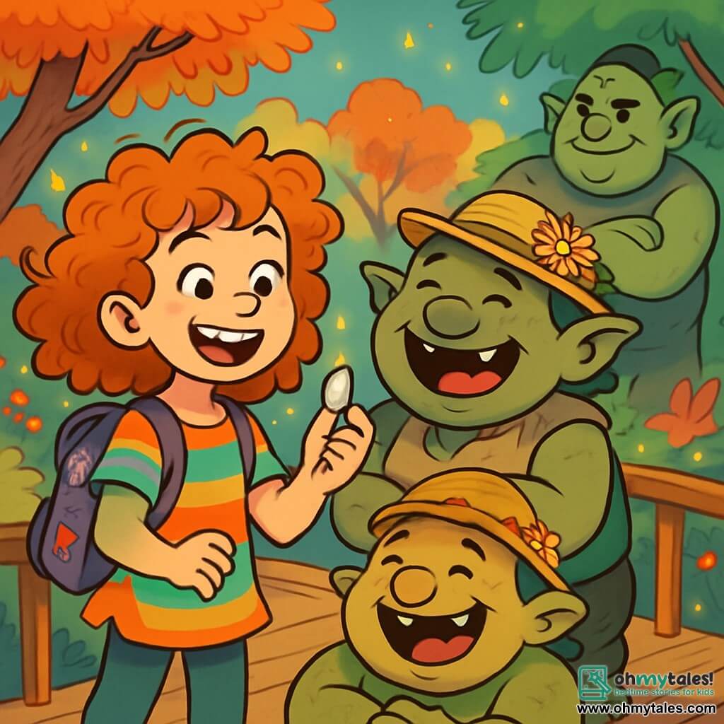 Marjorie Puddlewhisk, a 12-year-old girl with curly, tousled hair, sports a wide mischievous smile and sparkling curious eyes. She wears a colorful tunic and a backpack adorned with fantastic patterns while holding a shiny little pebble in her hand. Next to her, a round, jovial troll of about 30 years, wearing a straw hat decorated with wilted flowers, laughs heartily, revealing chipped teeth. Another tall, lumpy troll stands in the background, arms crossed, with an amused expression. 

The scene takes place on a rickety wooden bridge surrounded by an enchanted forest where the trees have multicolored leaves and flowers dance in the wind. Fireflies twinkle around, adding a magical touch to the atmosphere. 

Full of enthusiasm, Marjorie has just solved a riddle posed by the trolls and celebrates her victory with a joyful laugh, while the trolls prepare to share a giant cake, creating a festive and friendly ambiance.