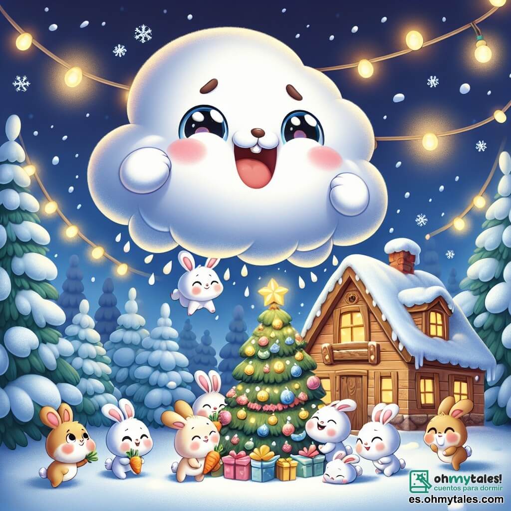 Una pequeña nube blanca y esponjosa, llamada Nube, flota alegremente en el cielo, con una gran sonrisa en su rostro. Sus ojos brillan de felicidad mientras mira hacia abajo, donde se encuentra un orfanato de pequeños animales. A su alrededor, varios pequeños animales están presentes: conejitos de grandes orejas, de pelaje suave y marrón, que saltan de alegría al descubrir zanahorias doradas. Tienen expresiones maravilladas y están bailando alrededor de un árbol de Navidad decorado con guirnaldas brillantes. El lugar es un encantador orfanato de madera, rodeado de abetos nevados, con copos de nieve cayendo suavemente del cielo. El suelo está cubierto de una gruesa capa de nieve, y luces de colores brillan en el árbol, creando un ambiente cálido y festivo. La situación principal muestra a Nube, la nube, cantando alegremente mientras observa a sus amigos animales que se divierten abriendo sus regalos, llenos de sorpresas mágicas, bajo el gran árbol de Navidad.