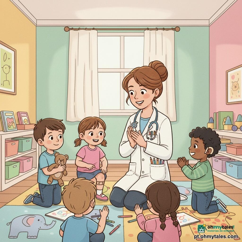 Doutora Clara, médica, sorriso caloroso e olhar meigo, cabelo castanho preso em coque, veste um pequeno jaleco branco com bolsos cheios de lápis e um estetoscópio colorido; ajoelha-se no centro de um círculo de crianças, aplaudindo suavemente. João, cerca de 5 anos, cabelo curto castanho, segura um ursinho de pano e olha curioso, à esquerda; Ana, cerca de 4 anos, cabelos em maria-chiquinha, tem o joelho enfaixado com um curativo em forma de estrela rosa e sorri timidamente à frente da doutora; Miguel, cerca de 2 anos, cabelo cacheado preto, usa um pequeno aparelho auditivo bege atrás da orelha, bate palmas ritmadas à direita, no centro do círculo. A sala da creche é luminosa e acolhedora, paredes em tons pastel, tapetes coloridos com motivos de animais, estantes baixas com livros e brinquedos e uma grande janela com luz suave. Cena principal: momento de jogo inclusivo em que a doutora convida as crianças a desenhar e fazer sons; todas participam rindo, em clima terno e cuidadoso.