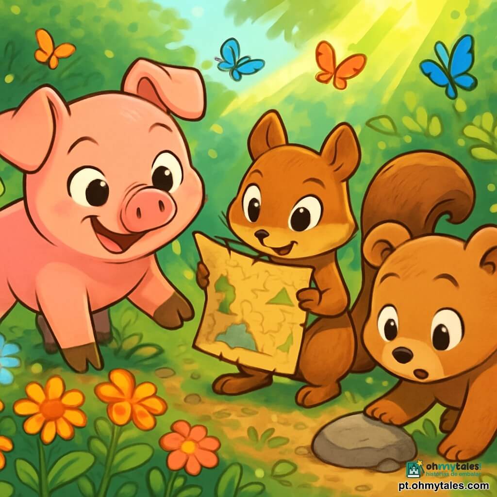 Um travesso porquinho rosa, chamado Tobias, com grandes olhos brilhantes e um sorriso travesso, está explorando um jardim florido, cercado de flores coloridas e borboletas dançantes. Ao seu lado, uma esquila astuta, Sofia, com pelagem marrom e olhos cheios de curiosidade, observa atentamente um velho pedaço de papel que segura com as patas, parecendo concentrada e animada. Um ursinho adorável, Lucas, com pelagem macia e orelhas redondas, se inclina para examinar uma pedra, mostrando uma expressão de surpresa. O jardim está ensolarado, com raios de luz filtrando pelas folhas das árvores, criando sombras dançantes no chão. Tobias e seus amigos estão em uma investigação, procurando pistas misteriosas em um mapa desenhado à mão, cheios de entusiasmo e determinação.