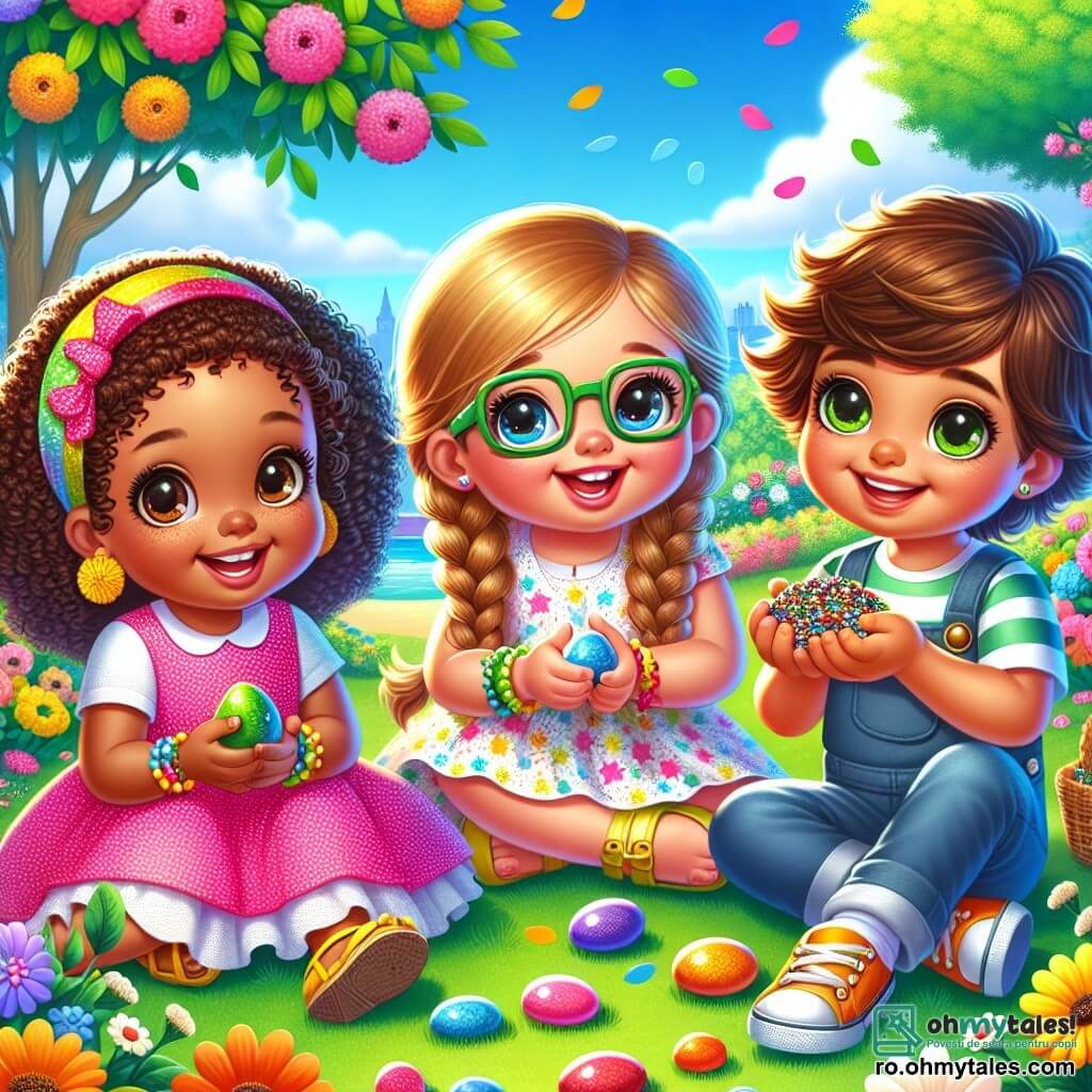 O fetiță de 4 ani, Ana, cu ochi mari și strălucitori și păr castaniu creț, zâmbește fericită ținând în mână o piatră colorată. Ea poartă o rochie roz cu buline albe și sandale galbene. Lângă ea se află Maria, o fetiță de 4 ani cu părul blond împletit și pielea deschisă, care râde arătând o piatră verde pe care a găsit-o. Un băiat de 4 ani, Mihai, cu părul brun ondulat și ochelari verzi, îi privește cu un zâmbet timid, ținând în mână o piatră albastră. Parcul este plin de flori colorate, cu copaci verzi luxurianți și un cer albastru deschis presărat cu nori albi pufoși. Copiii stau pe iarba verde, înconjurați de petale de flori strălucitoare. Situația principală arată cei trei copii jucându-se împreună, râzând și împărtășind descoperirile lor, ilustrând bucuria prieteniei și toleranței în ciuda diferențelor lor.