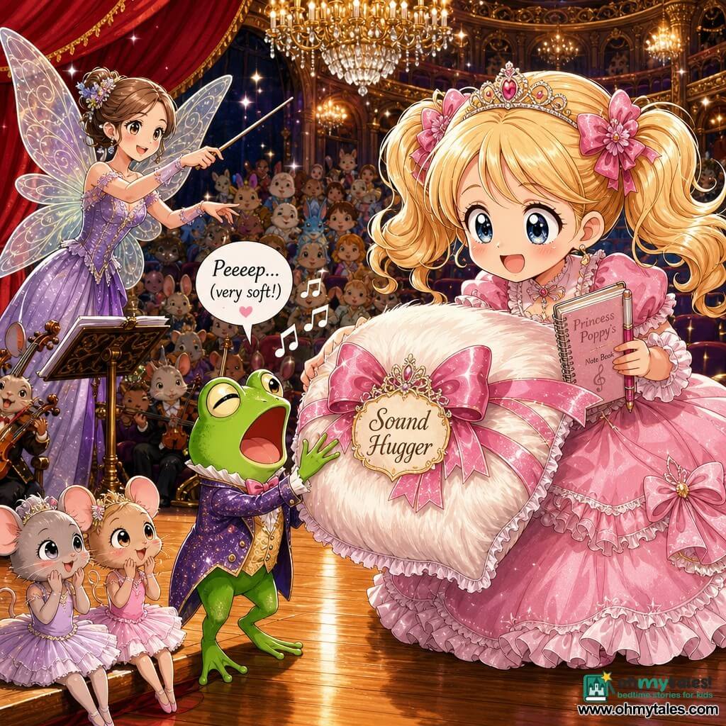 Princess Poppy (girl) stands center, joyful and focused with a round face, big sparkling eyes, blonde pigtails, a pale pink ruffled dress, holding a small notebook and a feather pillow decorated with a glitter ribbon called Sound Hugger, while Sir Ribbit von Croak, a small expressive green singing frog, stretches his mouth wide to try a soft note toward the pillow placed on stage before the princess; the conductor fairy (young adult female) stands left, small with shimmering translucent wings and a wand pointed encouragingly, two very young ballet mice (mixed genders) sit at the stage edge in miniature tutus, timidly clapping and watching the frog, and the enchanted theater fills the background with red velvet curtains, hanging golden chandeliers, a shiny wooden floor and purple velvet seats occupied by a colorful blurred fantastical audience, the scene bright and warm, funny and reassuring, with vivid colors, detailed textures (feathers, ribbons, glitter) and exaggerated manga-style facial expressions to convey emotion and humor.