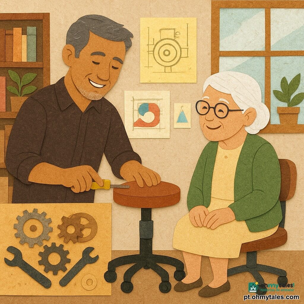 Um homem de meia-idade, com cabelos grisalhos e um sorriso caloroso, está sentado em sua oficina cheia de peças mecânicas e croquis coloridos. Ele parece concentrado e satisfeito, segurando uma ferramenta. Ao lado dele, uma mulher idosa, cerca de 75 anos, com cabelos brancos e óculos, está sentada em um pequeno assento com rodas. Ela sorri com confiança, observando o homem com admiração. A oficina é iluminada, com prateleiras cheias de livros e plantas verdes, e uma grande janela que permite a entrada da luz do dia. A cena principal mostra o homem ajustando o assento com rodas, enquanto a mulher testa o mecanismo com curiosidade e alegria.