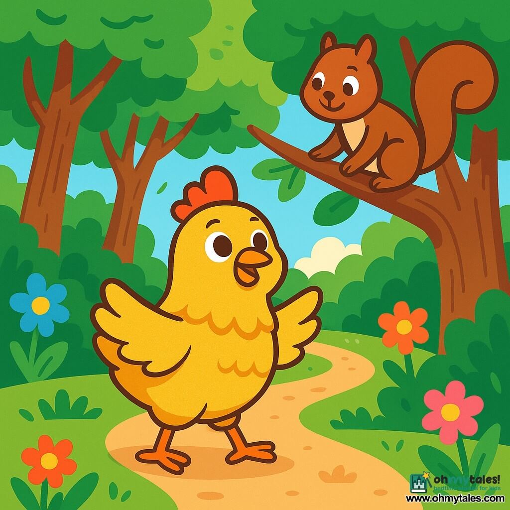 A little chicken named Rosie, with shiny golden feathers, stands proudly on a dirt path, her determined gaze and heart racing with excitement. Her curious eyes sparkle as she confidently spreads her wings. Next to her, a playful squirrel named Sammy, with brown fur and bright eyes, climbs a branch, encouraging her with a friendly smile. They are in a dense forest where tall, gnarled trees reach towards the sky, their green leaves forming a canopy of light and shadow. Colorful flowers dot the ground, adding a touch of magic to the enchanting landscape. The scene shows Rosie and Sammy preparing to cross a winding path, surrounded by the wild beauty of nature, as a gentle breeze makes the leaves dance around them, creating an atmosphere of adventure and discovery.