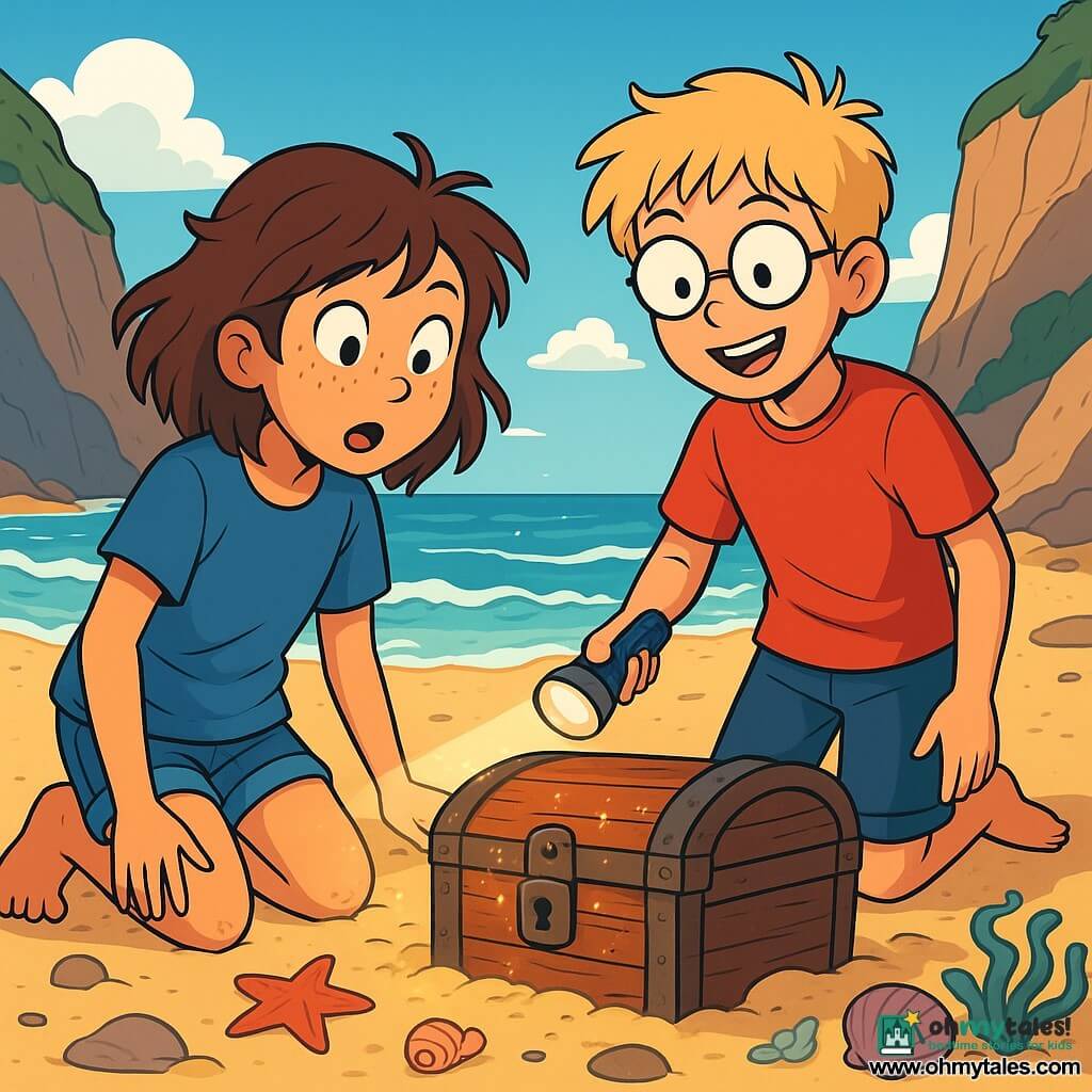 A 12-year-old girl with messy brown hair and freckles on her face looks wide-eyed and amazed at an ancient wooden chest half-buried in the sand. She wears a blue t-shirt and denim shorts, her bare feet slightly covered in sand. Next to her, a 12-year-old boy with round glasses and tousled blonde hair holds a flashlight, illuminating the chest with an excited smile. They are on a small secret beach, surrounded by steep cliffs and gentle waves lapping at the shore, with a bright blue sky and a few fluffy white clouds. The main scene depicts the discovery of the mysterious chest, with glimmers of light sparkling on the worn wood, while shells and colorful seaweed are scattered around them, creating an atmosphere of adventure and magic.