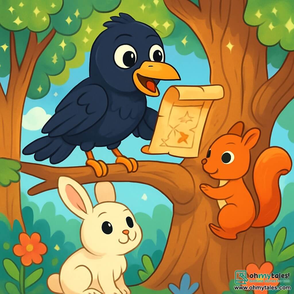 A raven with shimmering black feathers and bright, curious eyes stands on a branch of a majestic tree, its expression full of excitement and adventure. Next to it, a small rabbit with soft white fur and large attentive ears looks at the raven with admiration, while a bright red squirrel with a bushy tail nimbly climbs the trunk of the tree, ready to follow them. They are in an enchanted forest, where the trees are tall and twisted, their leaves sparkling like stars in the sunlight, and colorful flowers blanket the ground. The raven, with a determined look, holds an ancient map in its beak, ready to embark on an adventure to find a magical object lost in the heart of the forest.