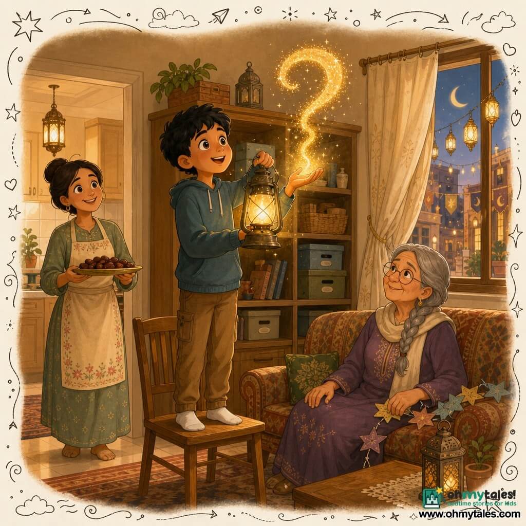 A 12-year-old boy with a round face, light brown skin, short black hair and big bright eyes stands on a wooden chair holding an antique metal lantern that emits golden dust shaped like a question mark; his curious, amazed expression is centered in a warm living room with light wood furniture, labeled-box shelves and a window showing a street decorated with lamps and Ramadan banners; a smiling, slightly amused mother (about 35, hair in a bun, apron) stands in the kitchen doorway holding a tray of dates to the left, and a kindly grandmother (about 68, braided gray hair, round glasses) sits on a patterned fabric sofa to the right with her hand on a paper star garland, all bathed in golden evening light and the lantern’s warm reflections.