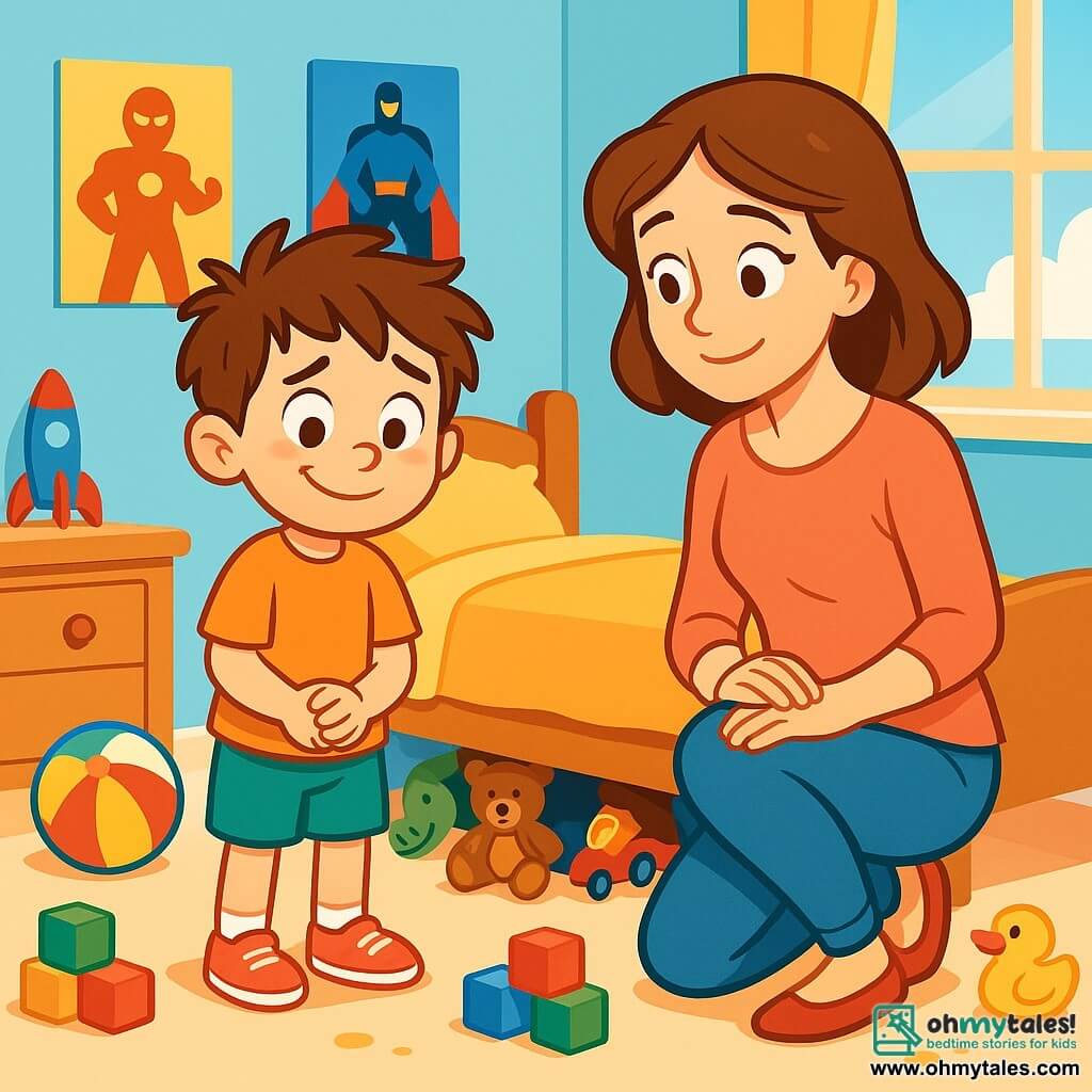 A 6-year-old boy named Timmy, with messy brown hair and sparkling mischievous eyes, stands in his room. He has a guilty look with a slight nervous smile as he glances under his bed where his toys are hidden. Next to him, his mother, a gentle woman in her 30s with brown hair and a warm smile, watches her son with an expression of concern and love. The room is bright and colorful, with light blue walls, superhero posters, and toys scattered on the floor, creating a joyful yet messy atmosphere. The main situation shows Timmy hesitating to admit that he hasn't really cleaned his room, while his mother awaits an honest answer, creating a gentle and emotional tension in the air.