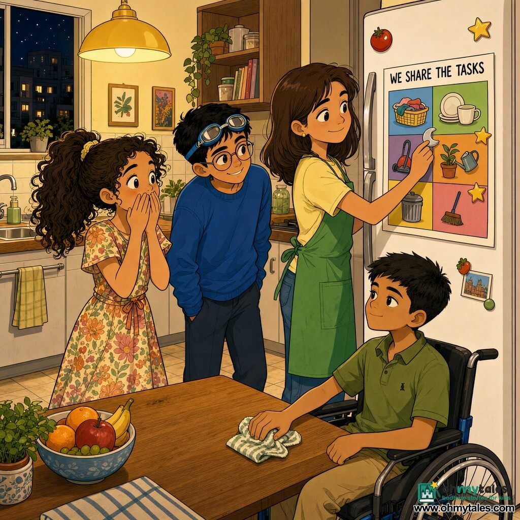 Four children in a warm, well-lit apartment kitchen at night: Amal, about 13, mid-length brown hair, pale yellow T-shirt and green apron, standing right by a white fridge and reaching to place a small silver crescent sticker on a colorful poster reading WE SHARE THE TASKS; Yusuf, about 12, short black hair, round glasses, blue sweatshirt, left of Amal, leaning forward with a mischievous smile and pool goggles on his forehead as a joke; Mina, about 10, curly hair in a ponytail, floral dress, by the counter on the left with hands over her mouth and wide-eyed wonder; Ayaan, about 11, in a wheelchair, short hair, olive-green polo, in the foreground at the right of the worktop calmly watching while holding a cloth to wipe the counter. The kitchen has light tile and wooden countertops, a sink with a few plates, colorful magnets on the fridge, warm yellow pendant light, a cozy family-sharing atmosphere, warm color palette, clean rounded comic-style lines and visible textures of wood, fabric, and metal.