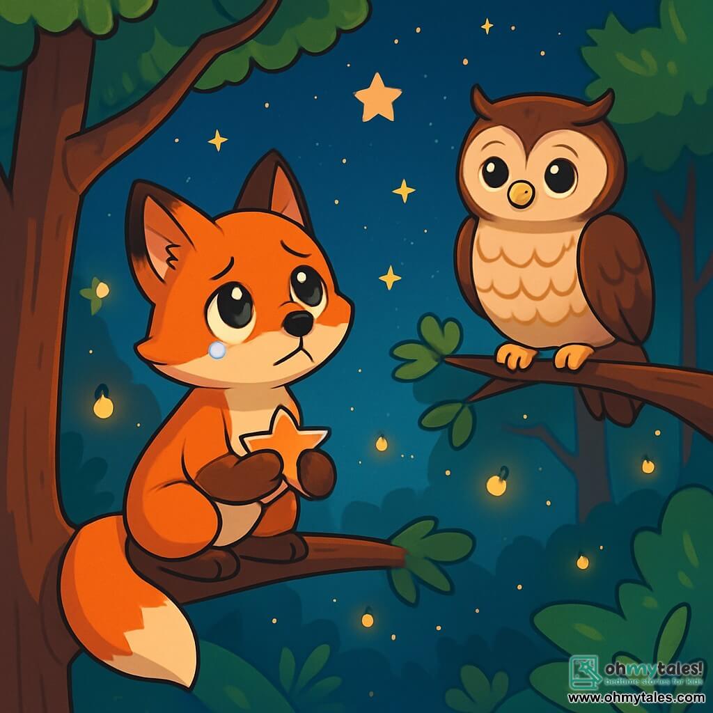 A young fox with bright orange fur and sad, shiny eyes sits on a tree branch, gazing at the starry sky with a melancholic expression. It holds a small paper star in its paws, symbolizing its memories. Next to it, a wise owl with brown and white feathers and comforting round eyes perches on another branch, watching the fox with a gentle, soothing expression. The setting is a magical clearing in a lush forest, where tall, majestic trees have leaves shimmering under the starlight. Fireflies dance around them, adding a touch of magic to the scene. The main situation depicts the fox sharing memories of its friend, the owl, as they look at the stars together, symbolizing love and memory that endure even after a loved one has departed.