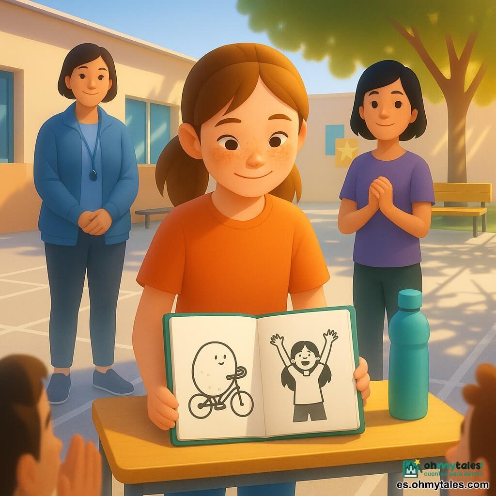 Niña de 12 años, Lara: rostro redondo con pecas, cabello castaño recogido en coleta, mirada concentrada y sonrisa tímida, muestra un cuaderno verde abierto con dibujos en blanco y negro y una viñeta de una niña montando en bici; Paula, amiga de 12 años, pelo negro corto, expresión alentadora y manos juntas, está detrás a la derecha sonriendo; señora Manuela, mujer de ~50 años, piel clara, chaqueta azul y silbato, al fondo a la izquierda con manos cruzadas y mirada amable. Patio escolar al mediodía, suelo de hormigón claro con líneas de juego, mesas de madera, carteles coloridos y banco al sol; sombras marcadas de árboles. Escena: Lara de pie tras una mesa pequeña, cuaderno apoyado en una botella de agua, muestra viñetas a un grupo de alumnos que aplauden y se sorprenden, una viñeta muestra una rueda cómica y la última a la niña con las manos en alto triunfante. Ambiente: tonos pastel cálidos, luz suave con contrastes sol/sombra, texturas de papel visibles y trazos negros pronunciados. Plano medio centrado en Lara, profundidad con personajes secundarios ligeramente desenfocados y perspectiva baja para transmitir orgullo contenido.