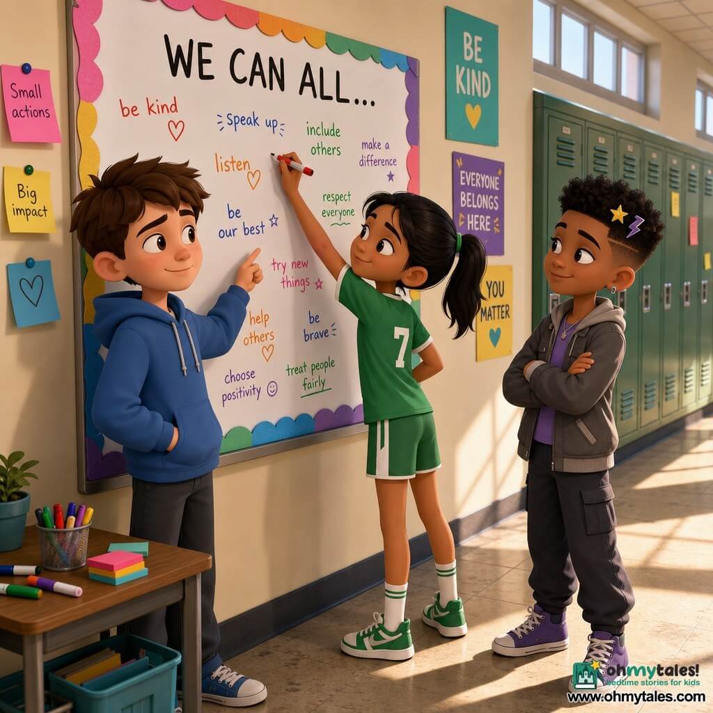 Three 12-year-olds—Milo, fair-skinned with short brown hair in a blue hoodie, shy but determined, slightly behind the whiteboard pointing at it; Lina, olive-skinned with a black ponytail in green sportswear, confident, leaning in holding a red marker; and Nova, tan with a tapered haircut and two hair clips, calm and mischievous in a gray jacket with arms crossed—stand in a school hallway by a classroom door before a large white mural bordered with colored paper reading WE CAN ALL… as they arrange and add multicolored handwritten messages with scattered markers and sticky notes, a morning light-lit inclusive, collaborative scene.