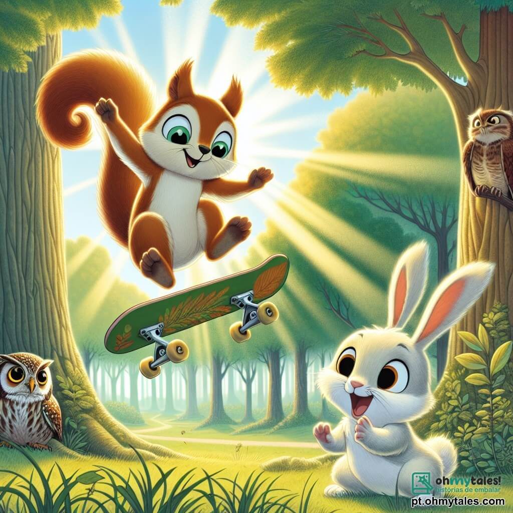 Um jovem esquilo chamado Tico, com pelagem castanho claro e olhos brilhantes de determinação, está fazendo um salto acrobático em seu skate, sorrindo em uma clareira ensolarada. Perto dele, uma coelhinha travessa chamada Lili, com orelhas longas e pelagem branca, aplaude entusiasmada, admirando seu amigo. Um sábio coruja chamado Olavo, empoleirado em um galho, observa a cena com orgulho, suas penas marrons e óculos redondos lhe conferindo um ar inteligente. A clareira é cercada por árvores majestosas com folhas verdes vibrantes, e o chão está coberto por uma suave camada de grama verde, enquanto raios de sol filtram pelas ramas, criando uma atmosfera alegre e energética. Tico está prestes a realizar um truque impressionante, ilustrando o tema da amizade e da perseverança no esporte.