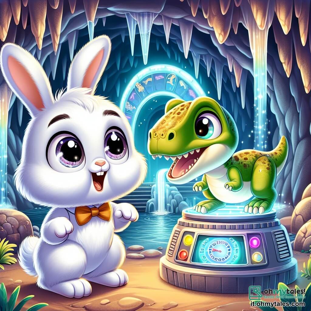 Un coniglio di nome Binky, con un pelliccia morbida e bianca, grandi orecchie espressive e occhi pieni di curiosità, si trova davanti a una macchina del tempo scintillante, con un sorriso meravigliato sul volto. Accanto a lui, un grande dinosauro erbivoro di nome Dino, con la pelle verde e squame lucenti, guarda Binky con un'espressione amichevole e curiosa. La scena si svolge in una caverna misteriosa, illuminata da luci colorate provenienti dalla macchina, circondata da stalattiti scintillanti e pareti decorate con disegni preistorici. Gocce d'acqua cadono dolcemente dalla cascata all'ingresso della caverna, creando un'atmosfera magica. Binky, entusiasta della sua scoperta, si prepara a premere un pulsante della macchina, pronto a vivere una nuova avventura nel tempo, mentre Dino lo incoraggia con un sorriso caloroso, pronto a accompagnarlo in questa incredibile esplorazione.