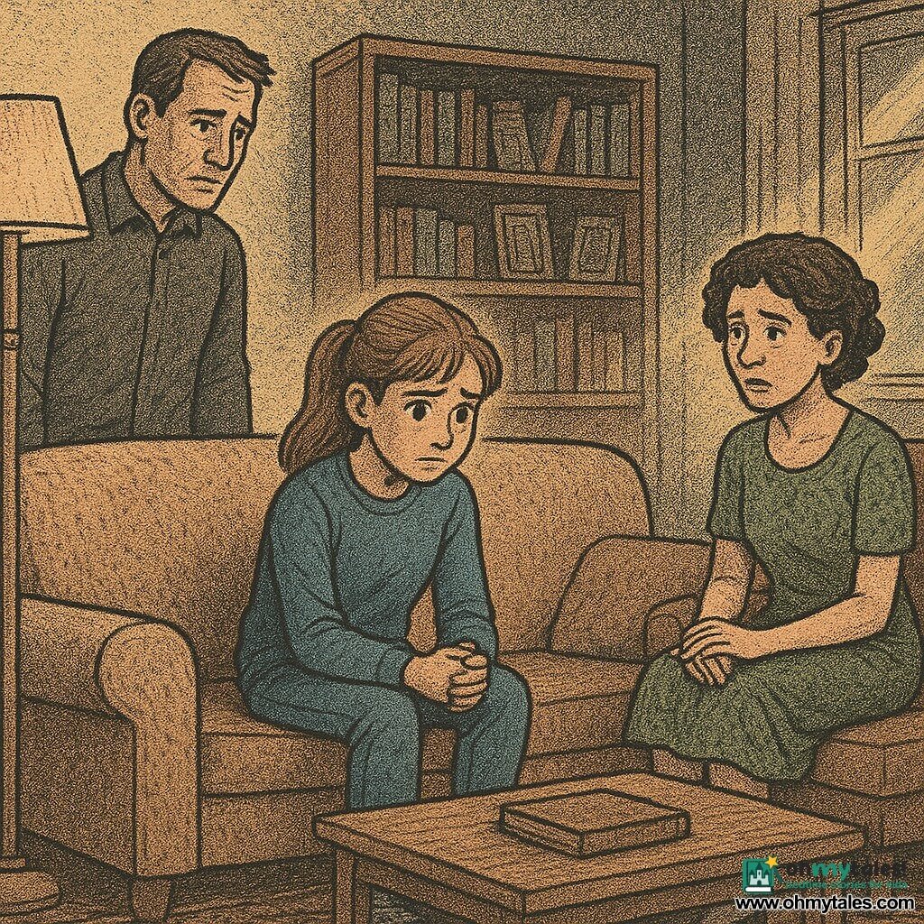 A 12-year-old girl, anxious but determined, with mid-length light brown hair in a ponytail and large bright eyes, wearing a blue sweater and jeans, sits center on the sofa clutching her knees; the father, about 40, tall with broad shoulders, short brown hair and a tired but softened face, stands by the lamp to the left looking at her with remorse; the mother, about 38, with short curly hair in a subtle patterned green dress, sits right in an armchair by the coffee table with hands on her knees, contrite but ready to listen; the warm, slightly cluttered living room has a patterned rug, bookshelf with family photos, dim lamp light and a window with curtains letting in an oblique sunbeam; main scene: a calm family meeting after arguments, an atmosphere of repair and communication with hesitant but open gestures and warm colors.