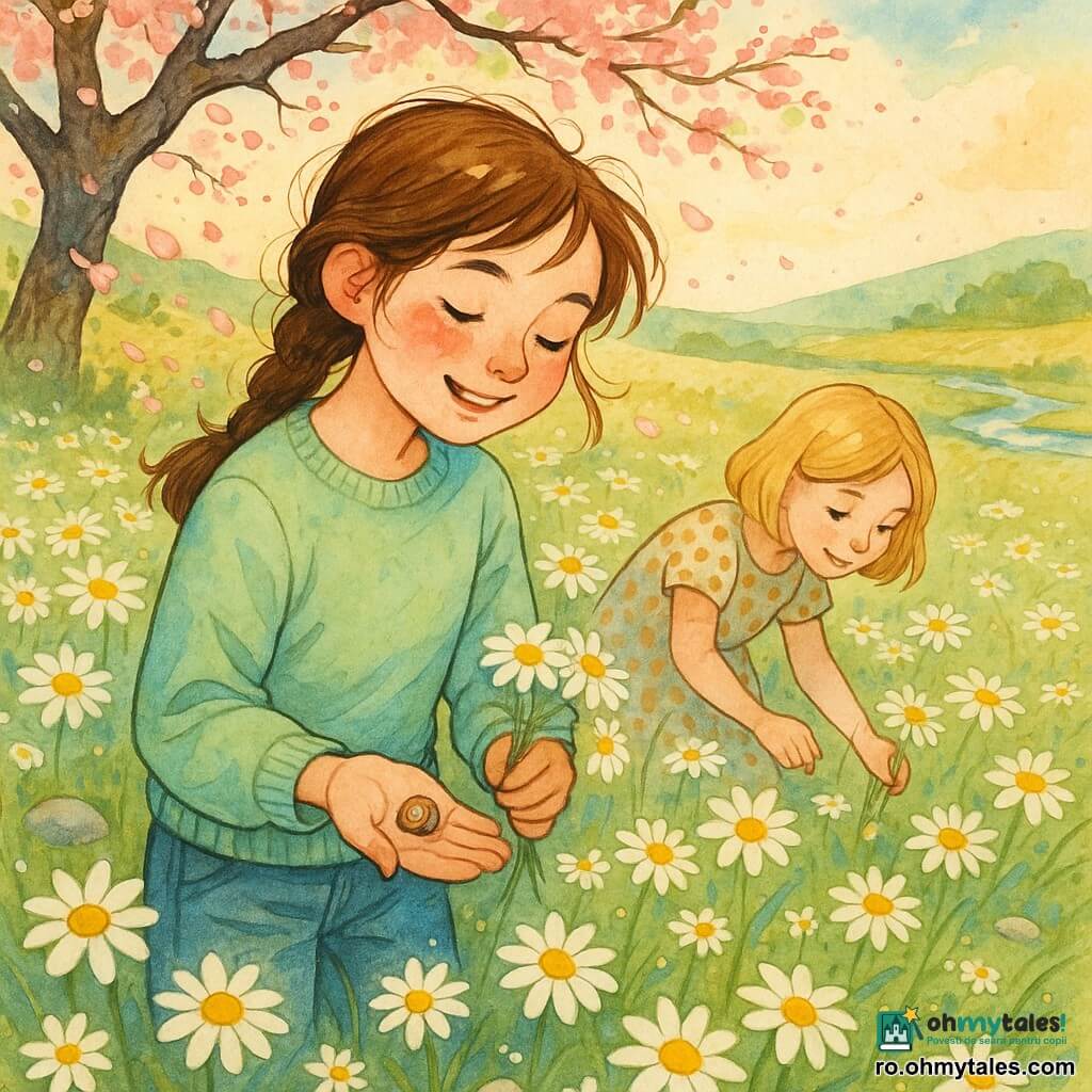 O fată de 12 ani, veselă și uimită, cu părul castaniu într-o împletitură lejeră, poartă un pulover verde deschis și blugi; adună delicat margarete căzute și ține o cochilie de melc strălucitoare în palmă. Alături, Daria, tot de ~12 ani, blondă, zâmbitoare, într-o rochie cu buline, culege flori. În fundal un câmp vast de margarete albe cu miez galben, iarbă unduitoare, câteva pietre netede și un pârâu scânteietor; la stânga un prun în floare răspândește petale roz. Lumină de sfârșit de dimineață, umbre moi, culori pastelate, urme de tuș și texturi acuarelă; cele două fete adună cu grijă comori de primăvară, creând un colțișor de natură și o atmosferă de împărtășire.