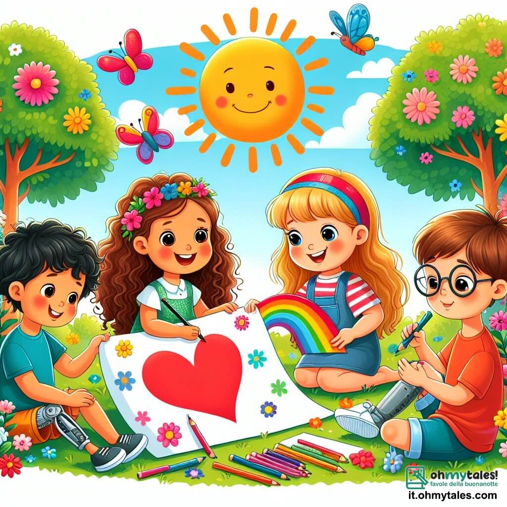 Quattro bambini felici sono riuniti in un parco soleggiato, circondati da fiori colorati e alberi verdi. Leo, una ragazza di 8 anni con capelli ricci e un grande sorriso, è seduta sull'erba, tenendo un grande foglio di carta rossa su cui disegna un cuore. Marco, un ragazzo di 7 anni con occhiali e un cappellino da dinosauro, è accanto a lei, mentre colora un sole giallo brillante. Sara, una ragazza di 9 anni con una gamba di legno, è in piedi, disegnando un arcobaleno con colori, i suoi occhi brillano di gioia. Tommaso, un ragazzo di 8 anni con capelli castani e occhiali, è seduto a gambe incrociate, pensieroso con una matita in mano, pronto a scrivere un messaggio per suo papà. Il parco è pieno di risate e colori, con farfalle che volano e un cielo blu chiaro. I bambini mostrano le loro creazioni ai papà, che li guardano con meraviglia. La scena emana un'atmosfera di felicità e complicità, celebrando la festa del papà con regali fatti a mano.