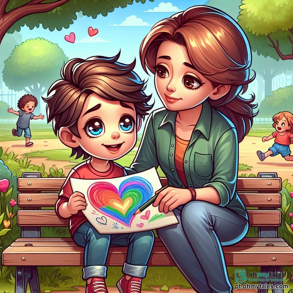 Um menino de 6 anos chamado Lucas, com cabelo castanho bagunçado e olhos brilhantes de curiosidade, está sentado em um banco em um parque. Ele tem uma expressão melancólica no rosto, segurando um desenho colorido de um grande coração, símbolo de seu amor por seus pais. Ao lado dele, sua mãe, uma mulher na casa dos trinta anos com cabelo castanho e um sorriso suave, o observa com ternura, sentada na borda do banco, pronta para confortá-lo. Ao fundo, o parque está cheio de árvores verdes, flores coloridas e crianças brincando alegremente, criando uma atmosfera ao mesmo tempo pacífica e dinâmica. A cena principal mostra Lucas compartilhando suas emoções com sua mãe, ilustrando o apoio e o amor familiar apesar das dificuldades.