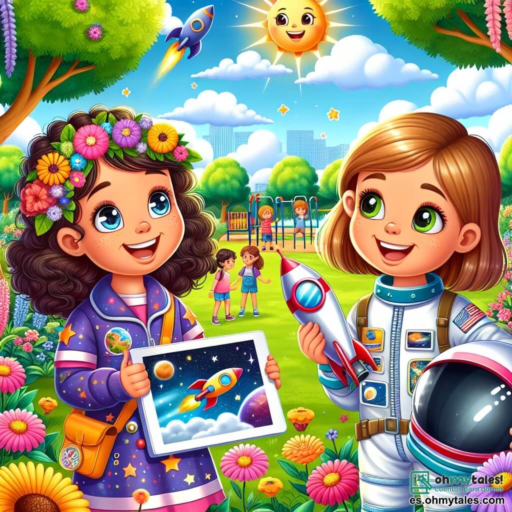 Sofía, una niña de 8 años con cabello rizado y castaño, lleva un traje espacial colorido con estrellas y planetas. Tiene ojos brillantes de curiosidad y una gran sonrisa, mirando maravillada un modelo de cohete que sostiene en sus manos. Ana, una mujer astronauta de unos treinta años, con un casco de astronauta bajo el brazo, está a su lado. Tiene el cabello corto y rubio, y lleva un traje espacial blanco. Ana sonríe cálidamente a Sofía, mostrándole imágenes de estrellas en una tableta. El lugar es un parque soleado, lleno de flores coloridas y árboles verdes. En el fondo, se puede ver un área de juegos y niños jugando, mientras un cielo azul claro se extiende sobre ellos, salpicado de algunas nubes blancas y esponjosas. La situación principal muestra a Sofía y Ana discutiendo con entusiasmo sobre los viajes espaciales, mientras Sofía sueña con convertirse en astronauta, con los ojos brillantes de emoción e imaginación.
