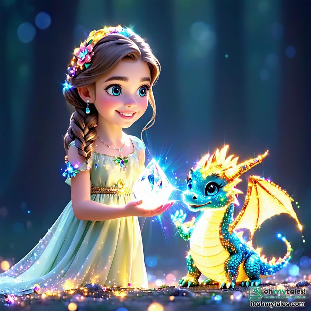 Elara, una ragazza di 9 anni con capelli castano chiaro e occhi azzurri, si trova al centro dell'immagine, meravigliata, con un grande sorriso sul volto. Indossa un vestito leggero decorato con motivi floreali colorati e tiene un Cristallo della Luce brillante nelle mani, che illumina il suo viso con una dolce luce. Accanto a lei, Saphir, un piccolo drago con squame blu vivace e ali traslucide, batte le ali con entusiasmo, i suoi occhi brillano di curiosità. Fluttua leggermente sopra il suolo, pronto a volare. Sullo sfondo, Orion, un mago anziano con una lunga barba bianca e un mantello stellato, osserva Elara con un sorriso benevolo, apparendo saggio e potente, circondato da un'aura mistica. Il paesaggio incantevole del Mondo dei Sogni presenta un cielo blu profondo punteggiato di nuvole dorate, alberi maestosi con foglie scintillanti e un sentiero di cristallo che si snoda attraverso prati fioriti. Fiumi di luce liquida scorrono dolcemente, creando un'atmosfera magica. La scena principale mostra Elara che scopre il Cristallo della Luce, con un'espressione di gioia e meraviglia, mentre Saphir e Orion la incoraggiano in questa avventura magica, simboleggiando la scoperta e l'amicizia in un mondo fantastico.