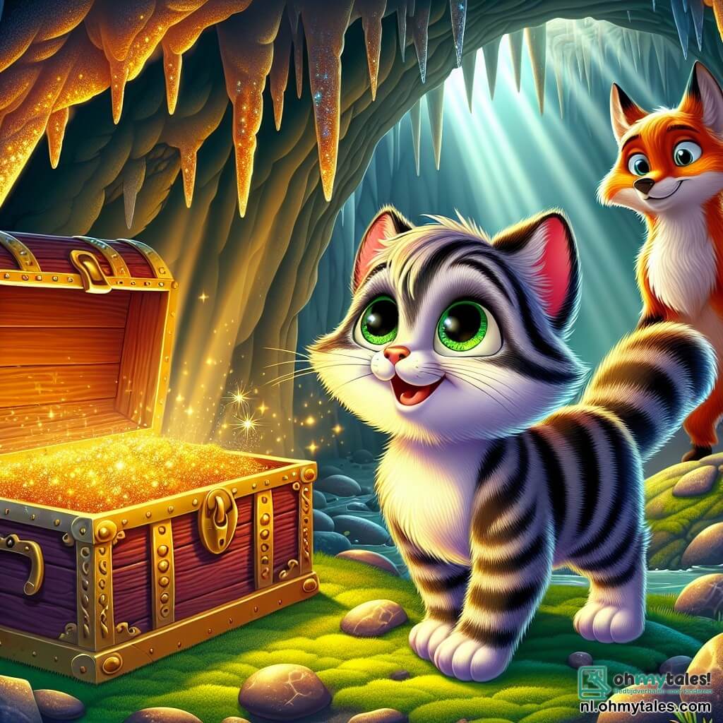 Felix, een jonge gestreepte kat met nieuwsgierige ogen, staat voor een oude grot, zijn hart klopt van opwinding. Zijn vacht glanst en zijn poten zijn klaar om te springen, terwijl hij verwonderd kijkt naar een oude kist van hout versierd met gouden motieven. Naast hem observeert Vix, een oude slimme vos met een rode vacht en wijze ogen, de scène met een vriendelijke glimlach, iets op de achtergrond, alsof ze Felix aanmoedigt in zijn avontuur. De grot is donker en mysterieus, met glinsterende stalactieten die van het plafond hangen en dansende schaduwen door het licht dat door de ingang filtert. De vloer is bedekt met groene mos en kleine glinsterende stenen, wat een vleugje magie aan de omgeving toevoegt. In deze scène ontdekt Felix de schatkist, zijn gezicht verlicht door het gouden licht dat eruit straalt, terwijl zijn hart overloopt van enthousiasme en nieuwsgierigheid.