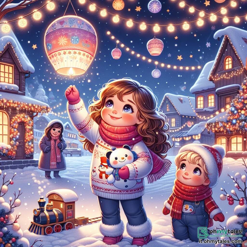 Una bambina di 5 anni, Sofia, con capelli ricci e occhi scintillanti, sorride con meraviglia tenendo una lanterna di carta colorata, pronta a lasciarla volare nel cielo stellato. Indossa un bel maglione con un grande pupazzo di neve e una sciarpa rossa. Accanto a lei, il suo fratellino Leo, di 3 anni, con guance rotonde e capelli biondi, guarda la sorella con ammirazione, tenendo un piccolo treno di legno tra le mani. La loro mamma, una donna sorridente di una trentina d'anni, con capelli lunghi e castani, li osserva orgogliosa, in piedi vicino a loro, avvolta in un caldo cappotto. Lo scenario è quello di una pittoresca piazza di paese, illuminata da luci scintillanti e circondata da case di legno decorate per il Capodanno, con uno spesso strato di neve brillante che copre il suolo. Fiocchi di neve cadono dolcemente dal cielo, aggiungendo un tocco di magia alla scena. Sofia, piena di gioia, si prepara a liberare la sua lanterna nel cielo, dove altre lanterne già si alzano, creando uno spettacolo incantevole di luci nella notte stellata, simboleggiando speranza e desideri per il nuovo anno.