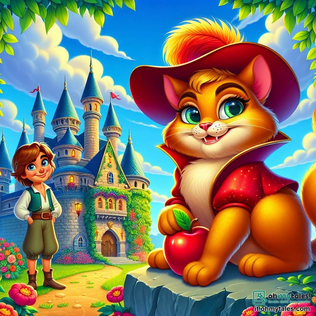 Il Gatto con gli Stivali, un felino elegante con un pelo dorato e occhi scintillanti di malizia, si erge fiero su una roccia, con il suo cappello di piume rosse ben sistemato. Sorride in modo furbo, con le zampe anteriori incrociate, pronto a condividere una grande avventura. Accanto a lui, Martino, un ragazzo di circa 10 anni con capelli castani e occhi brillanti di curiosità, guarda il Gatto con ammirazione. Indossa una tunica semplice e pantaloni di tela, e tiene in mano una grande mela rossa, pronto a offrirla al suo nuovo amico. Sullo sfondo, un magnifico castello di pietra, ricoperto di edera e circondato da fiori colorati, si erge maestoso sotto un cielo blu brillante, punteggiato di nuvole soffici. La scena ritrae il momento in cui il Gatto con gli Stivali e Martino, uniti da un'amicizia nascente, si preparano a entrare nel misterioso castello, simboleggiando l'inizio di un'avventura piena di scoperte e magia.