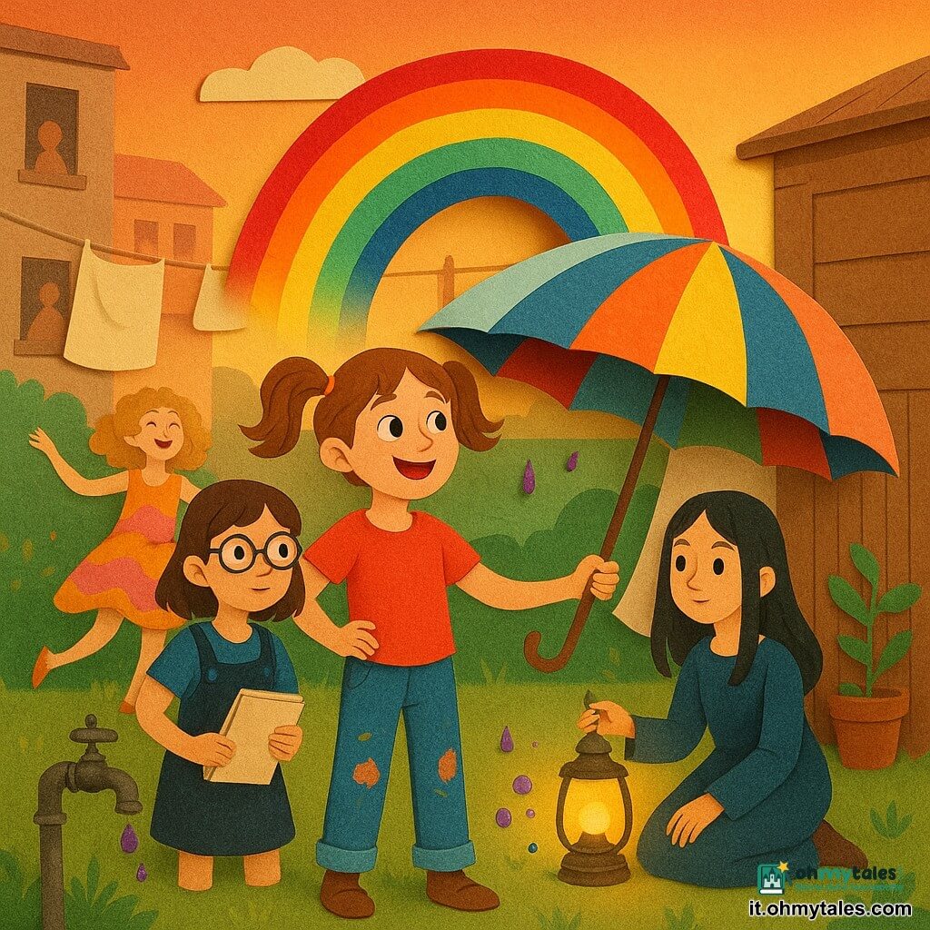 Quattro bambine in un piccolo giardino urbano al tramonto: Lina (circa 10 anni), castana in due codine, jeans con macchie di vernice, sorridente, tiene aperto un ombrello a righe e guarda l’arcobaleno; Marta (circa 10 anni), bruna con taglio carré e occhiali rotondi, in salopette con un taccuino, ha la mano sul fianco e osserva l’ombrello; Giada (circa 10 anni), alta e magra, capelli ricci biondi, vestito colorato, gira ridendo sullo sfondo a sinistra; Sara (9–10 anni), capelli neri lisci, inginocchiata a destra di Lina su una cassa di legno, tiene una piccola lampada vintage accesa. Sullo sfondo balconi vicini, fili con lenzuola bianche, un capanno di legno e vasi di fiori; al centro un grande ombrello aperto con una sciarpa bianca al manico da cui emerge un piccolo arcobaleno fluttuante fatto di fasce nette e brillanti come carta ritagliata; gocce violette scintillanti attorno a un vecchio rubinetto di metallo e bolle colorate; luce calda della lampada, atmosfera dolce e meravigliosa, colori vivaci e texture da carta ritagliata.