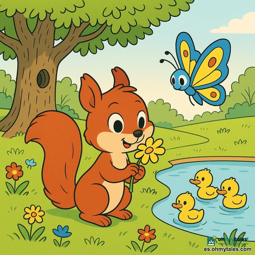 Una pequeña ardilla hembra llamada Nina, vivaz y curiosa, ojos grandes, pelaje rojizo y cola esponjosa, sonríe y huele una flor entre sus patitas; una mariposa azul y amarilla vuela cerca a su altura; tres patitos amarillos nadan en un estanque cercano; a la izquierda un árbol antiguo con corteza texturada y ramas llenas de hojas; parque primaveral con césped y flores rojas, amarillas y azules, un sendero de tierra y un estanque con reflejos del cielo, luz suave de tarde y cielo pastel; escena de Nina admirando las flores rodeada de sus amigos, expresión de felicidad tranquila y asombro primaveral; estilo de líneas claras, colores vivos y contrastados, texturas suaves y composición aireada para niños.