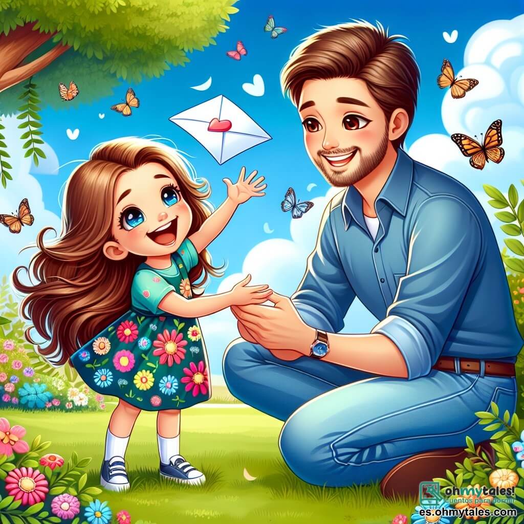 Una niña de 4 años, llamada Sofía, con largos cabellos castaños y ojos brillantes de alegría, está sentada en la hierba verde de un hermoso jardín. Lleva un vestido colorido con estampados de flores y una gran sonrisa en su rostro, sosteniendo una carta brillante en sus manos. A su lado está su papá, un hombre de unos treinta años, con una barba suave y ojos cálidos, que la mira con ternura. Él viste una camiseta azul y jeans, y se agacha para estar a la altura de su hija, listo para recibir la carta. El jardín está lleno de flores brillantes, mariposas revoloteando y un gran árbol de follaje exuberante, creando una atmósfera mágica y alegre. Al fondo, se ve un cielo azul claro salpicado de nubes blancas esponjosas. La escena principal muestra a Sofía, llena de emoción, entregando su carta mágica a su papá por el Día del Padre, mientras una suave brisa hace danzar las hojas a su alrededor, añadiendo un toque de magia a este momento especial.