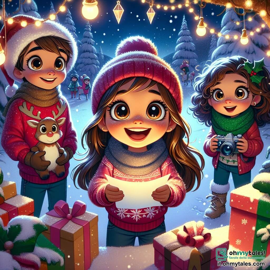 Una bambina di 7 anni, Sofia, con lunghi capelli castani e grandi occhi pieni di curiosità, si trova al centro dell'immagine, un grande sorriso illumina il suo viso. È circondata da regali colorati e decorazioni natalizie scintillanti, mentre tiene una lettera di carta tra le mani, piena di eccitazione ed entusiasmo. Accanto a lei, un ragazzo di 7 anni, Luca, indossa un cappello da renna e un maglione rosso con fiocchi di neve, guarda Sofia con un sorriso complice, pronto ad aiutarla nella sua missione. Un'altra figura, Giulia, una ragazza di 7 anni con capelli ricci e una sciarpa verde, sta scattando foto con una macchina fotografica, catturando la magia del momento. La scena si svolge in una incantevole foresta innevata, con alberi coperti di neve e decorati con luci. Fiocchi di neve cadono dolcemente dal cielo, aggiungendo un tocco di magia all'atmosfera festiva. Sofia e i suoi amici sono in un'avventura, cercando di consegnare una lettera a Babbo Natale, circondati da risate e gioia, illustrando lo spirito del Natale e l'importanza dell'amicizia e della solidarietà.