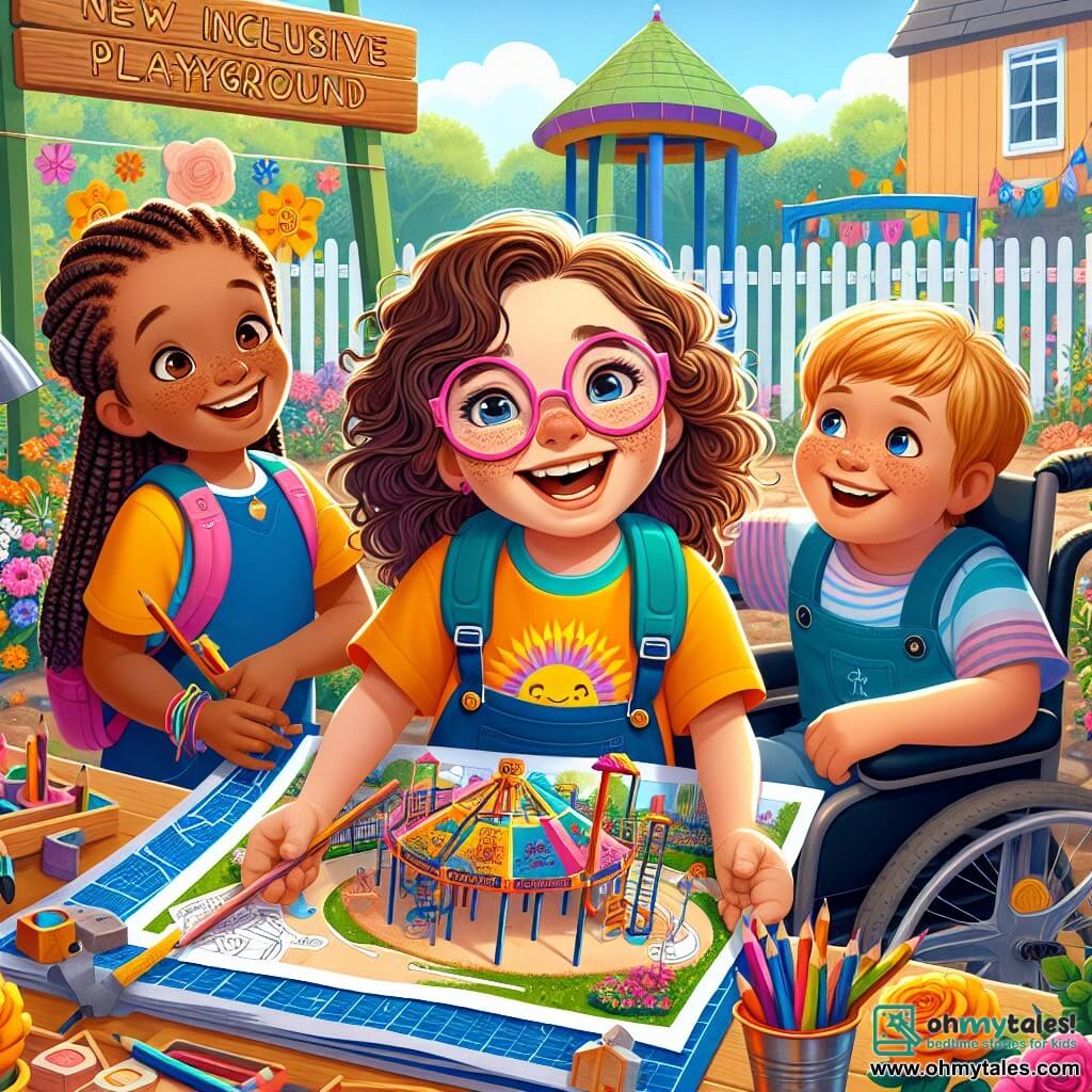 A 10-year-old girl, Lena, with curly brown hair and pink glasses, smiles enthusiastically as she holds a plan for their new inclusive playground. Her eyes shine with excitement, and she wears a bright yellow t-shirt with a sun design. Next to her, Mia, a 10-year-old girl with braided blonde hair, encourages her with a big smile, holding colored pencils in her hands. Liam, a 10-year-old boy in a wheelchair, looks on with admiration, his eyes sparkling with enthusiasm while holding a miniature model of the merry-go-round. The scene takes place in the school garden, filled with colorful flowers and greenery, with construction tools scattered around them. In the background, a large wooden sign announces "New Inclusive Playground." Lena, Mia, and Liam joyfully collaborate, drawing and discussing their ideas for the playground, creating an atmosphere of camaraderie and creativity.