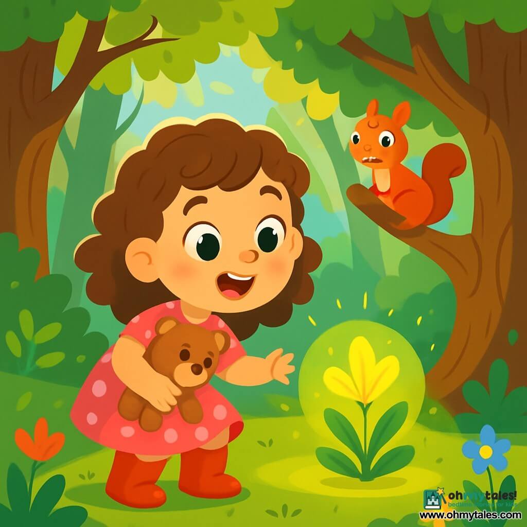 A 4-year-old girl with sparkling big eyes and curly hair wears a pink polka dot dress and shiny red boots. She smiles in wonder, holding a teddy bear under her arm. Next to her, a small squirrel with bright eyes and brown fur climbs a tree, curious and friendly. The setting is an enchanted forest filled with tall, gnarled trees, vibrant green leaves, and colorful flowers dancing in the wind. Sunbeams filter through the branches, illuminating the soft moss and small flowers on the ground. The main scene shows the little girl discovering a magical plant that softly glows in a circle of light, as she squats in awe, ready to explore it.