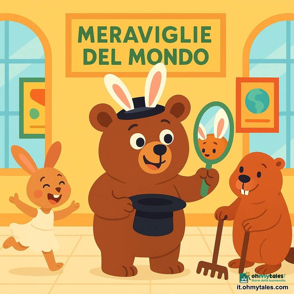 Un grande orso bruno tondo e dolce, sorridente e malizioso, con occhi tondi brillanti e grosse orecchie da coniglio comiche poste sulla testa dal cappello magico, è al centro in piedi, tiene il cappello consumato e si guarda in uno specchio; a sinistra la lepre Lilli, snella e vivace con abito crema e guance rosa, salta ridendo guardando Bruno con entusiasmo; a destra il castoro Max, tozzo con pelliccia rossiccia e denti visibili, appoggiato a un rastrello osserva la scena con calma divertita; sfondo: ingresso luminoso di un museo con grandi vetrate, pavimento chiaro, piedistallo con etichetta accanto al cappello e pannelli colorati "Meraviglie del Mondo"; luce calda del mattino, colori pastello vivaci, forme semplici e contorni netti, atmosfera gioiosa: gli amici scoprono il cappello magico che dà a Bruno le orecchie da coniglio, momento di sorpresa comica e complicità con meraviglia e risate condivise.